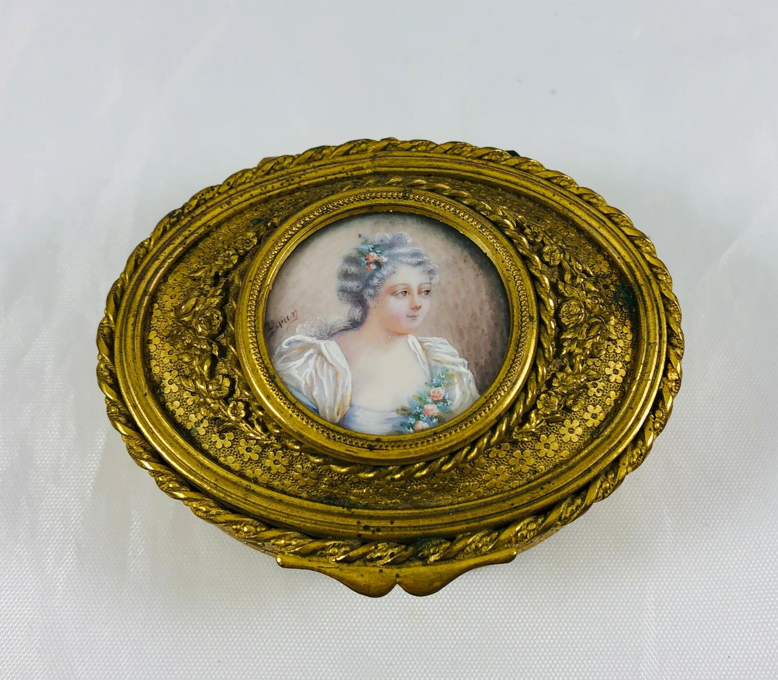 Old French Ormolu Bronze Box Hand Painted Artist Signed Brun Ladies Portrait