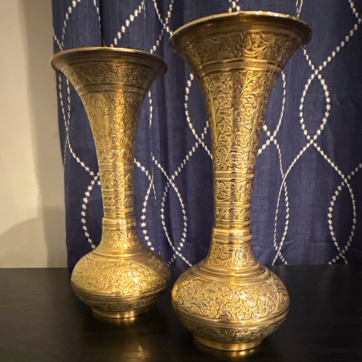 Pair vintage etched Brass Metal Floral Trumpet Vases 10 in Tall Set of 2