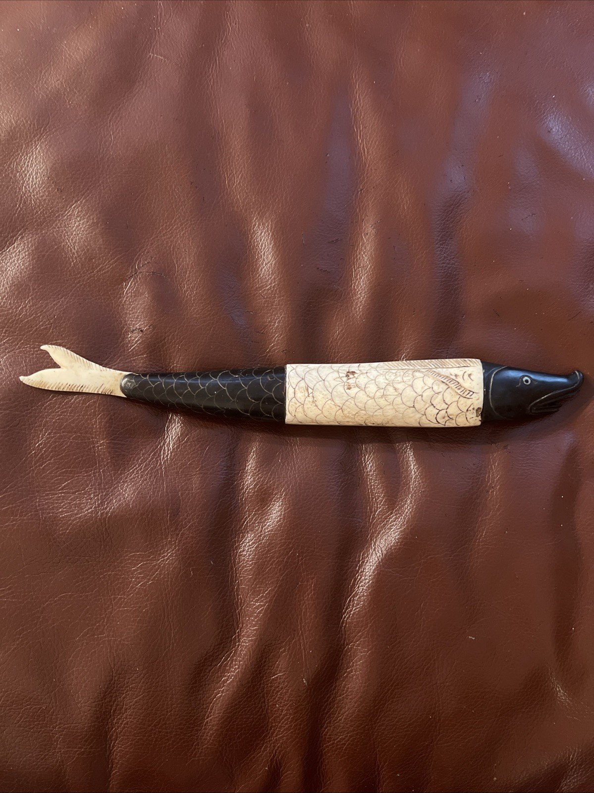 Vintage Carved Bone And Ebony Wood Indigenous Art Fish 13.75”