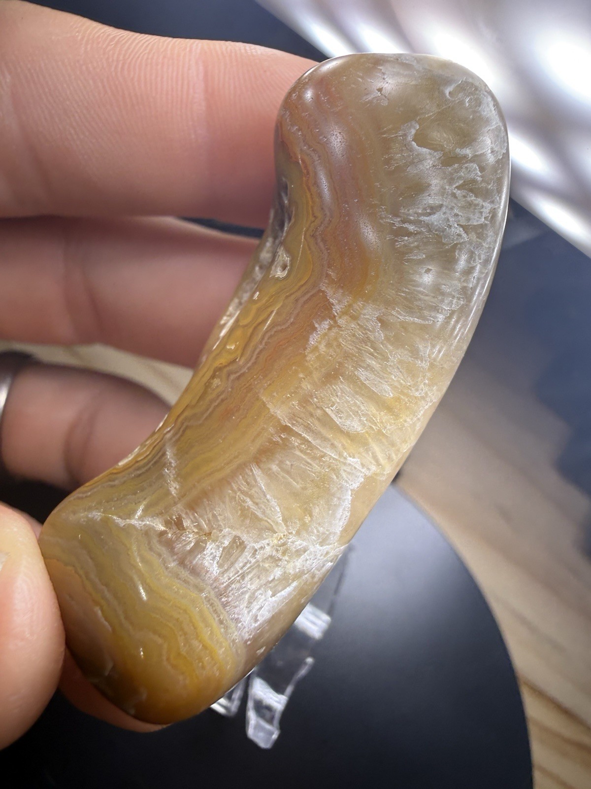 Polished Banded Agate Palm Stone 2.1 OZ Crowley’s Ridge Warm Bands/ showpiece Polished Banded Agate Palm Stone 2.1 OZ Crowley’s Ridge Warm Bands/ showpiece