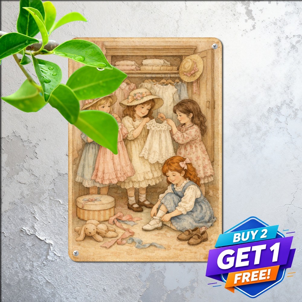 Vintage Little Girl Art Sign Retro Nostalgic Cottage Wall Metal Tin Plaque