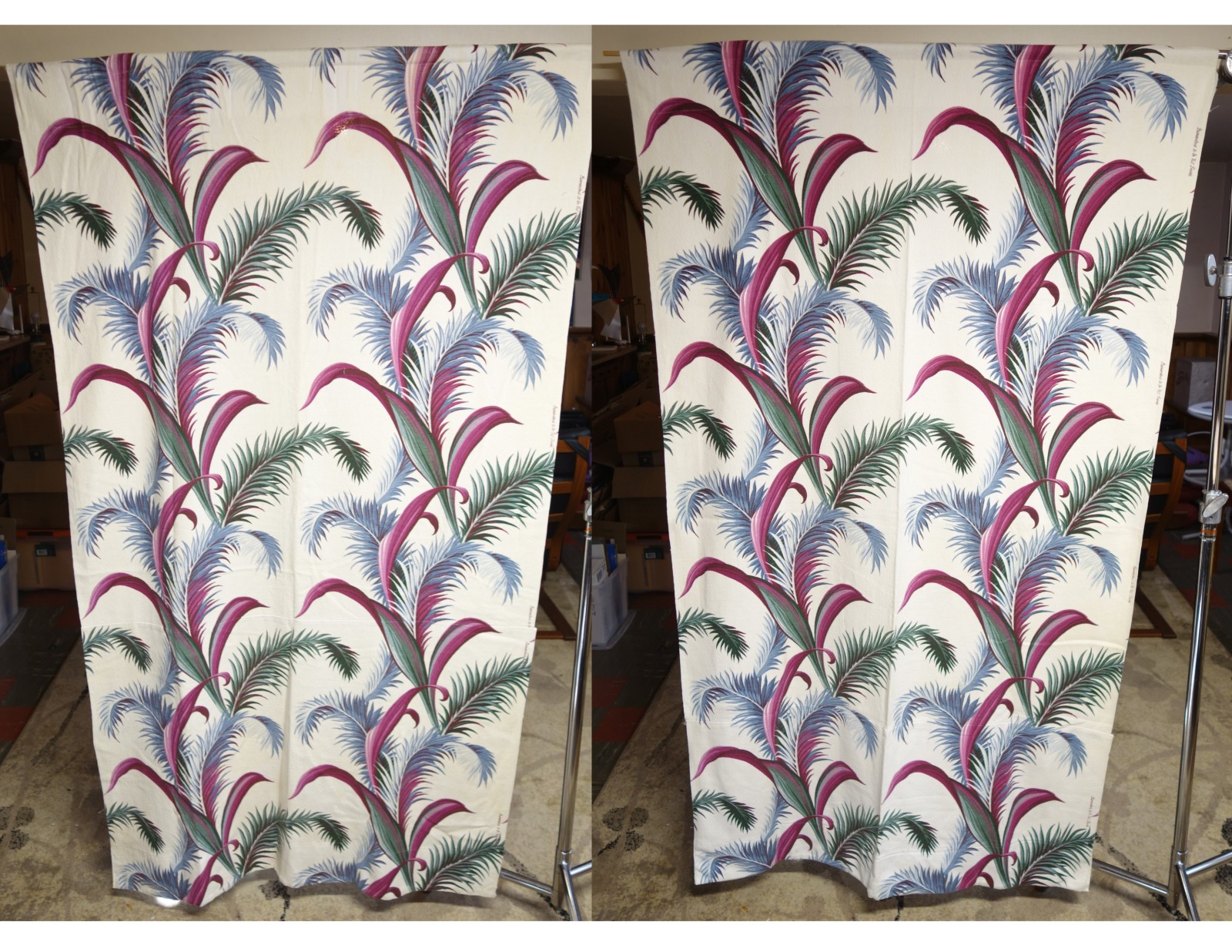 VINTAGE PAIR BARKCLOTH CURTAIN PANELS •FLORAL TROPICAL 1930-40s DECO • 45x77\