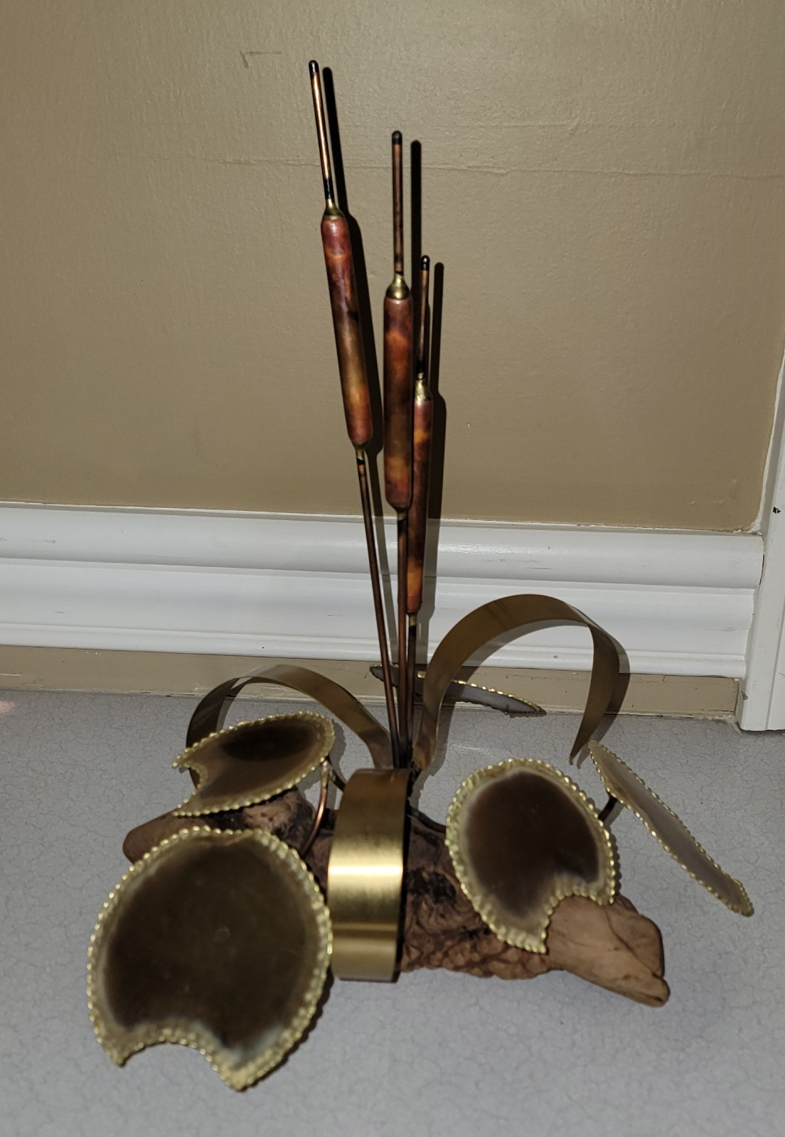 Vintage MCM Brutalist Cattails Lily Sculpture Wood Copper Brass Mid Century