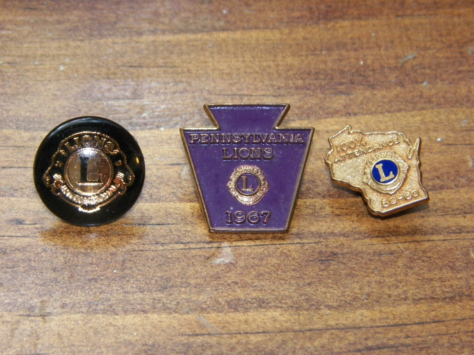 3 - Vintage Lions Club pins, 1967, 59-60 attendance, 1 unknown purple, gold, bl 3 - Vintage Lions Club pins, 1967, 59-60 attendance, 1 unknown purple, gold, bl