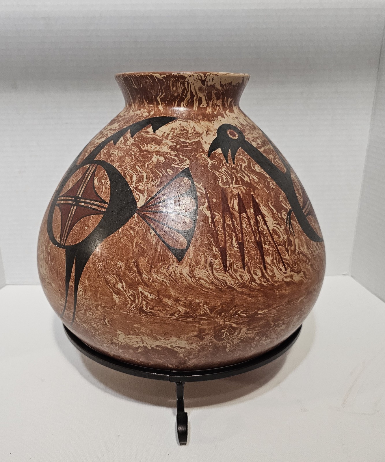 Vintage SW Polychrome Pottery Vase Ornate Rain Bird Design Amphora
