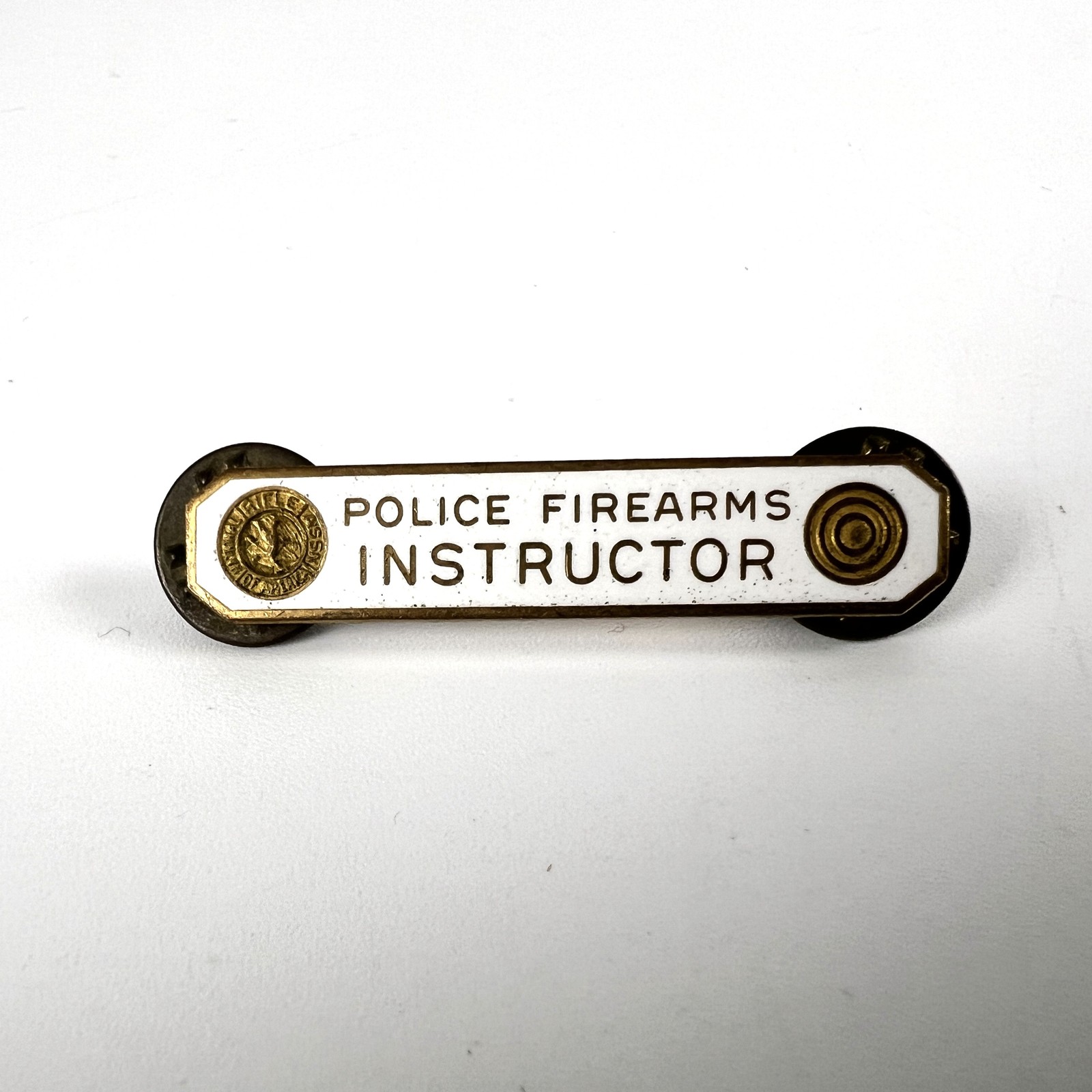 Vintage NRA Police Firearms Instructor White Enamel Brass Ribbon Bar Pin Badge