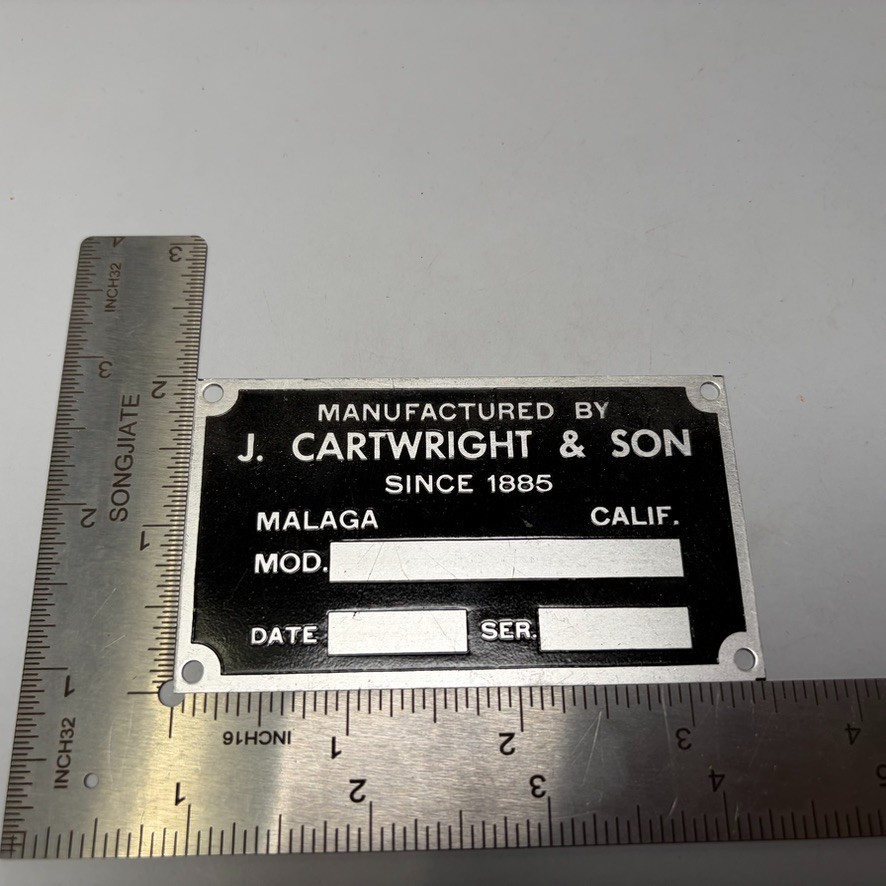 VTG J. Cartwright & Son Malaga California Blank Name Plate Badge Tag NEW