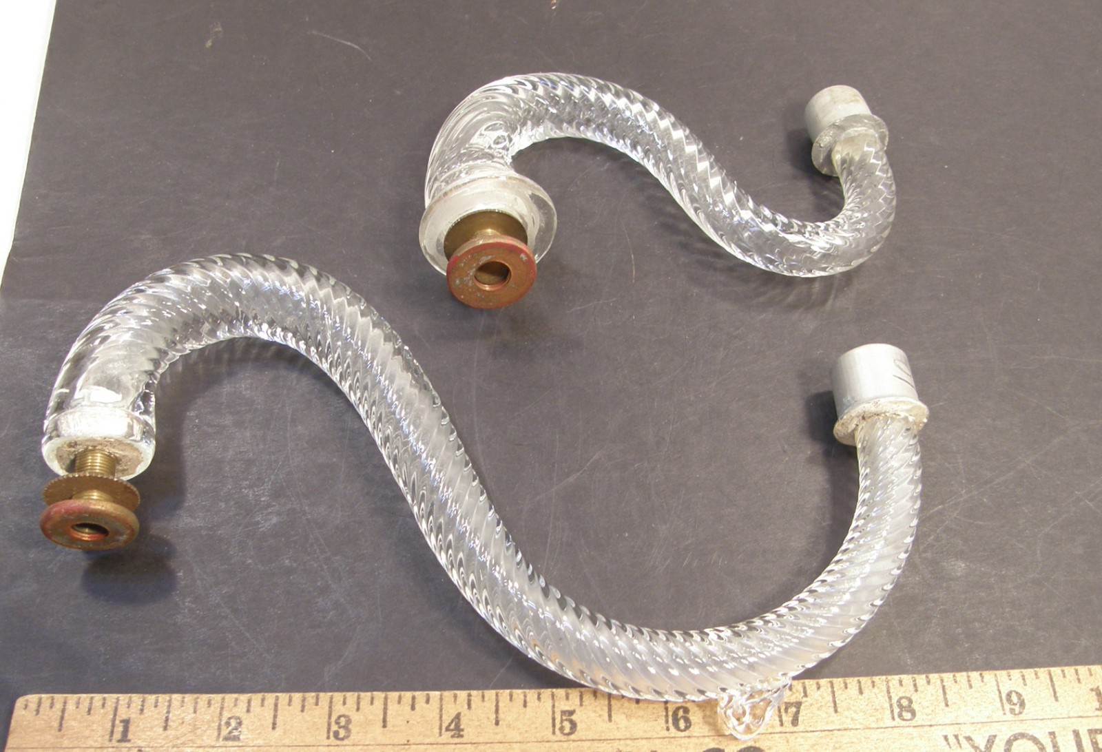 2 VINTAGE SALVAGED REPLACEMENT S CURVE ROPE TWIST CLEAR GLASS CHANDELIER ARMS