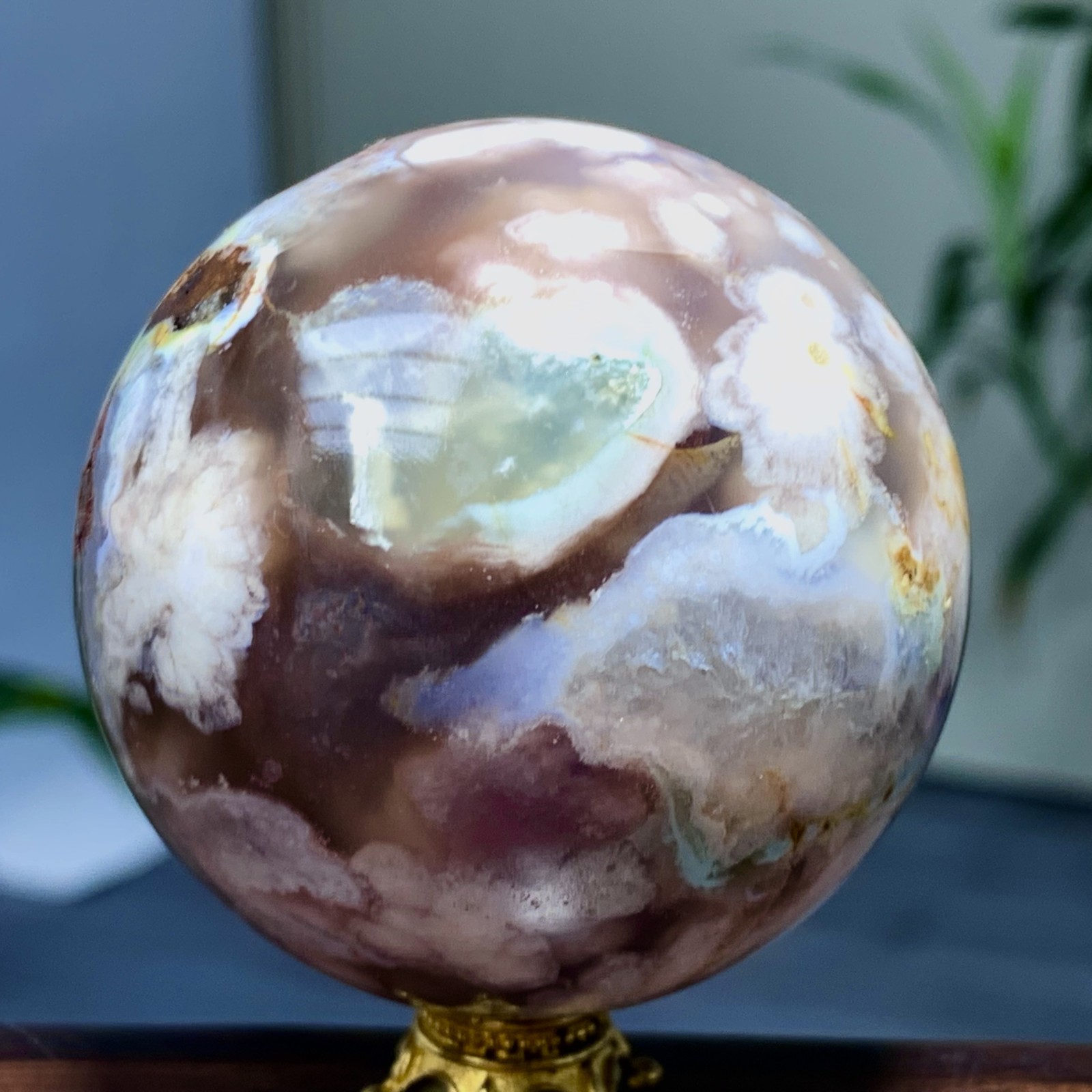 209G Natural Sakura Flower Agate QUARTZ Sphere Crystal Ball  Healing