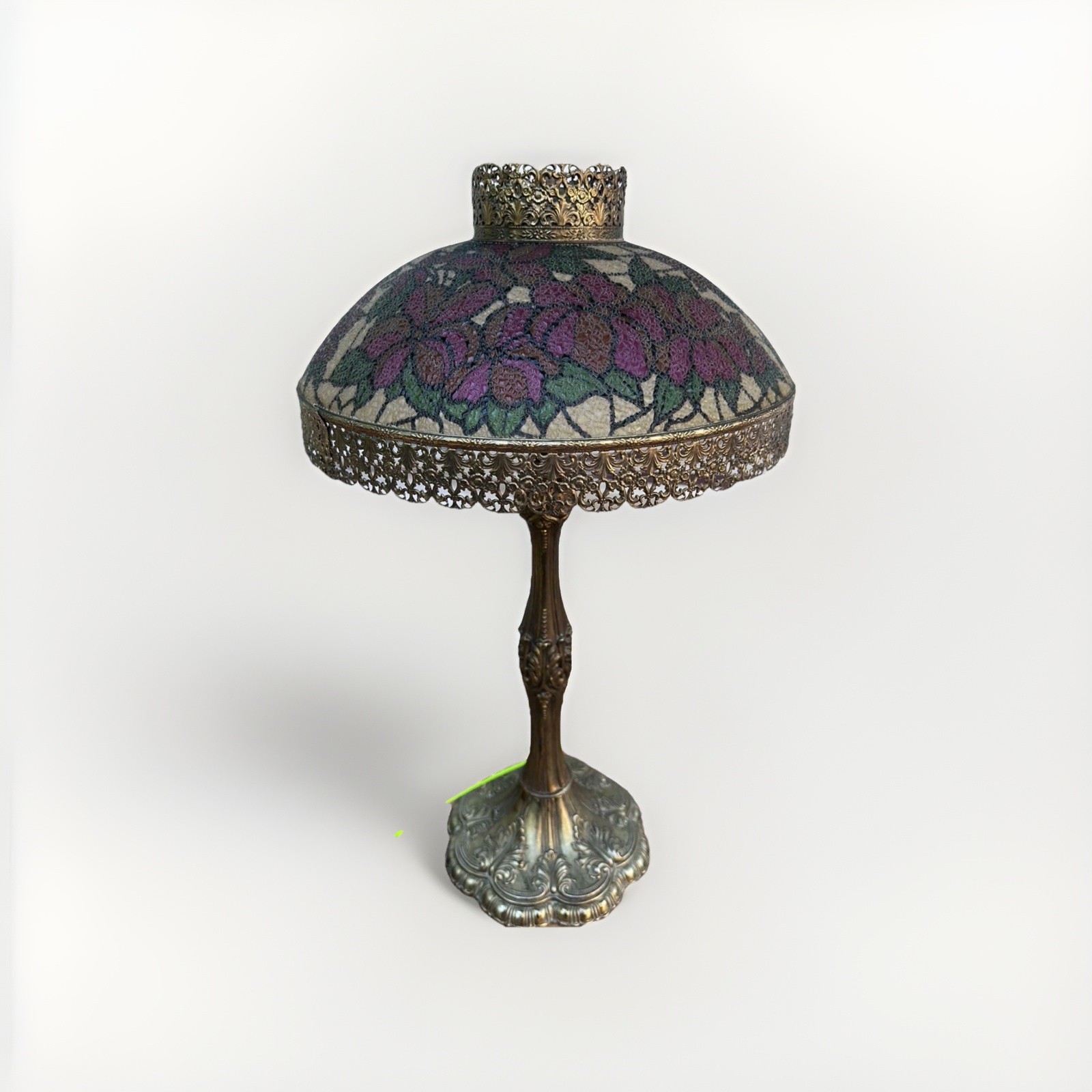 Vtg Hand Painted Tiffany-Style Stained -Glass Reverse Table Lamp Floral Design