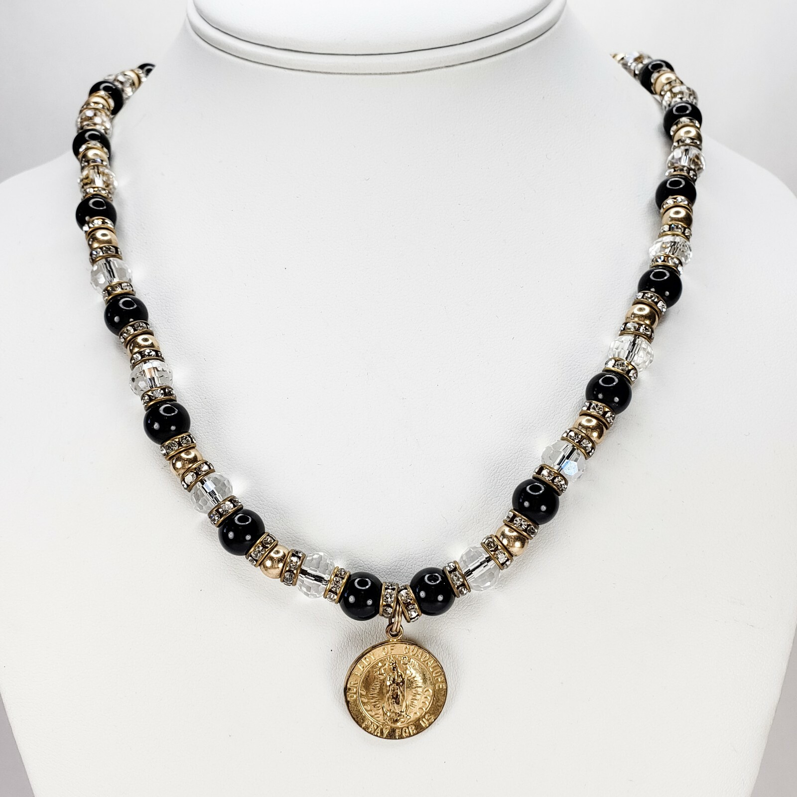 Our Lady of Guadalupe Necklace 14KT Gold Filled with Faceted Glass Beads 19 In