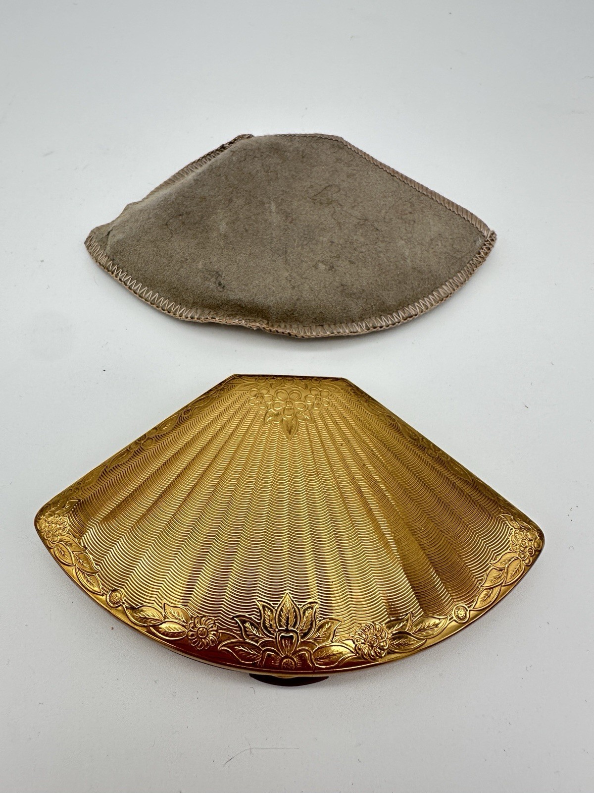 Vintage Melissa Fan Shaped Powder Compact Gold Tone Floral Engraved Mirror