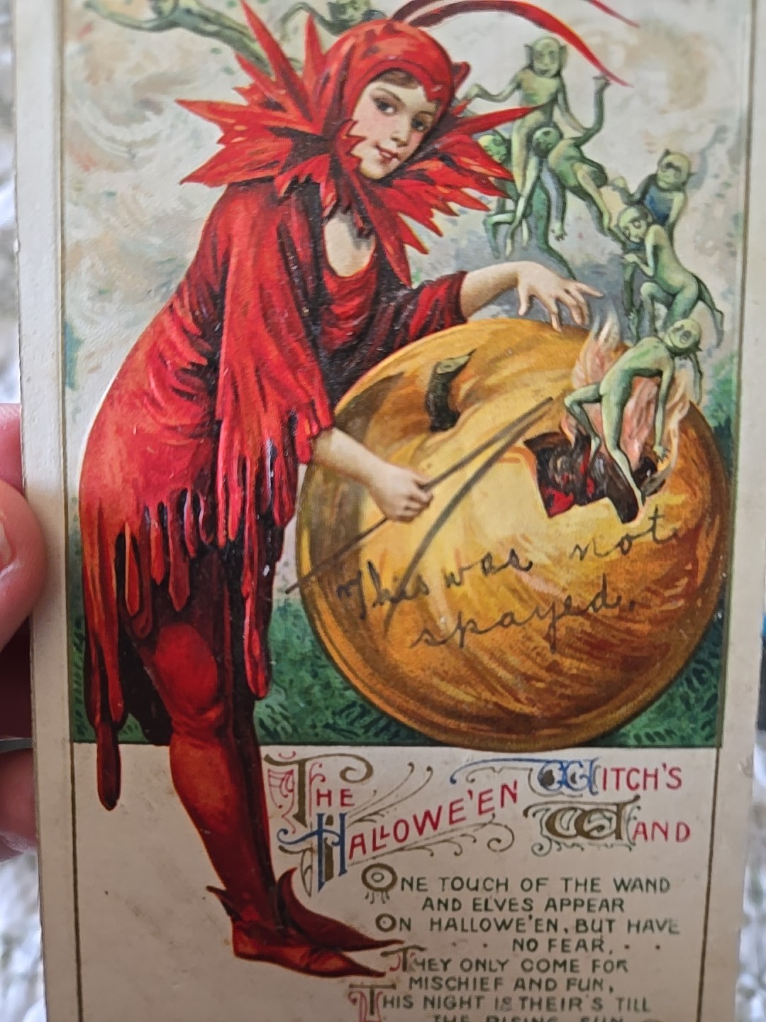 1912 VERY RARE WINSCH  Halloween postcard - Red Witch - Green Goblins Witch Wand