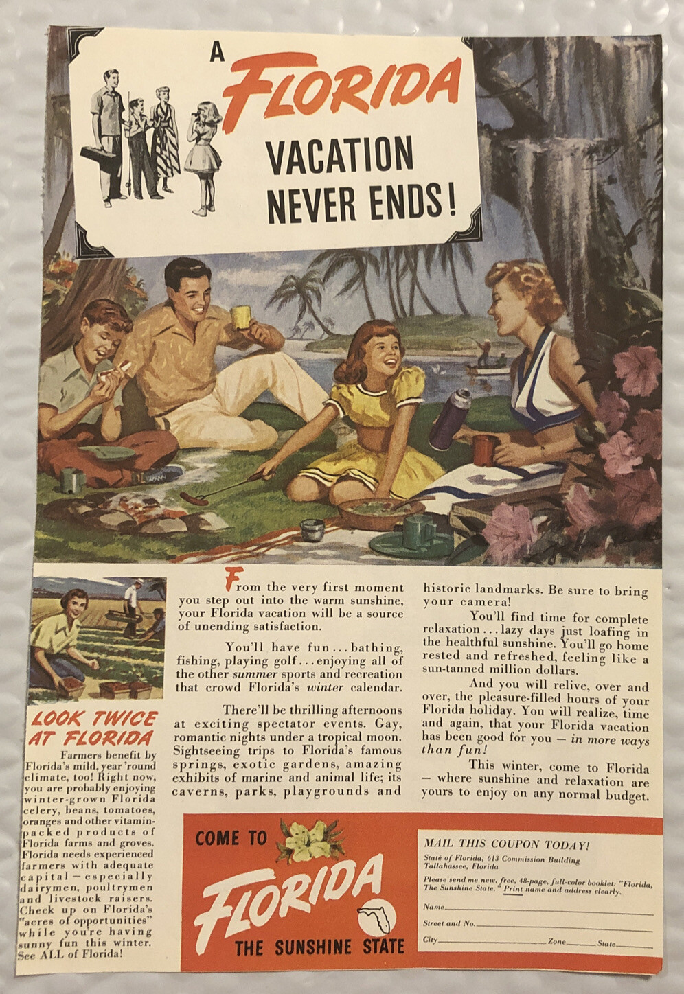 1949 Original Print Ad Full Page - Florida - Vacation Never Ends. Vintage