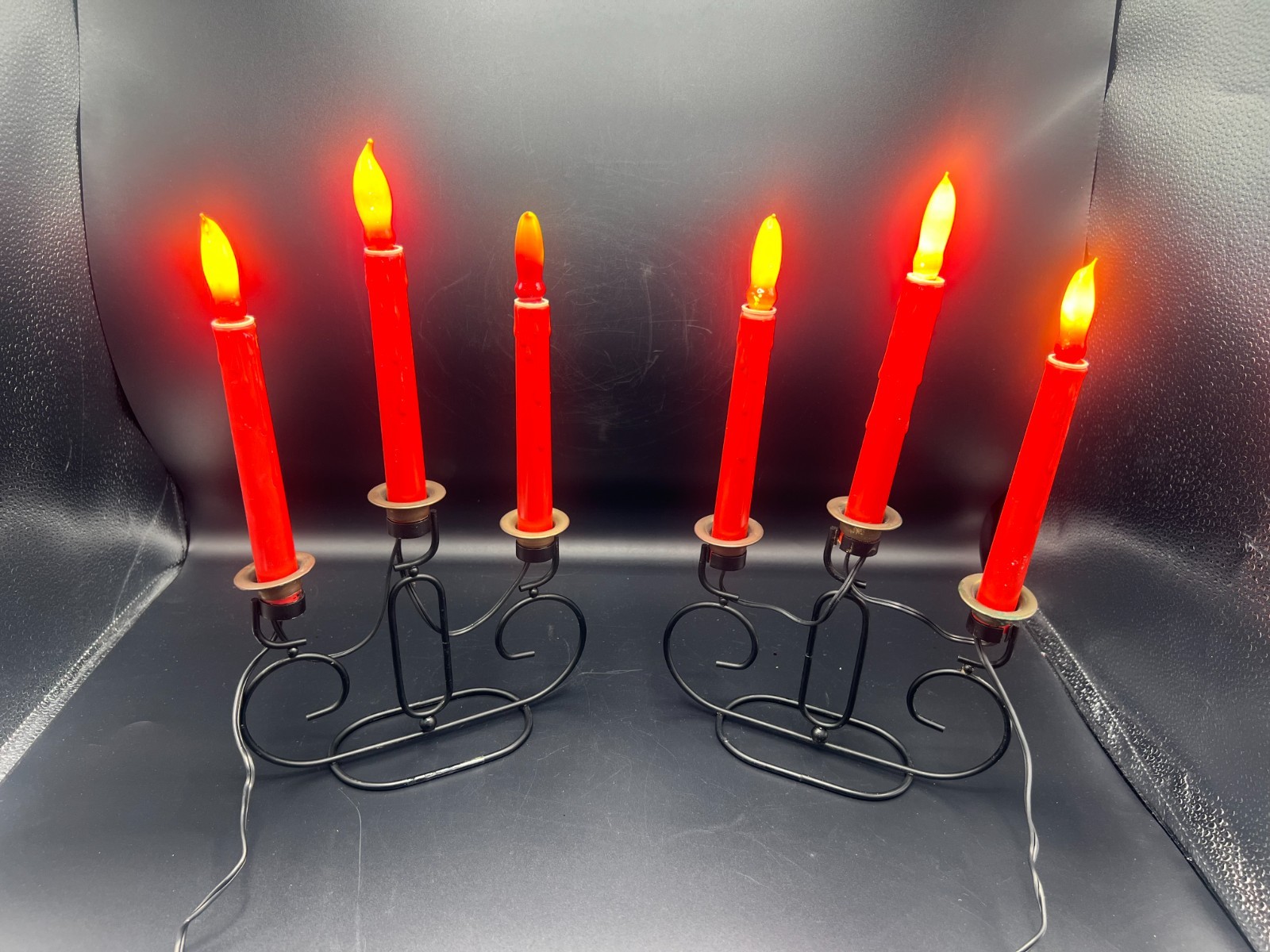 Pair VTG 1940s Holly-Lite Candoliers Red Taper Drip Candles Wrought Iron Base Pair VTG 1940s Holly-Lite Candoliers Red Taper Drip Candles Wrought Iron Base