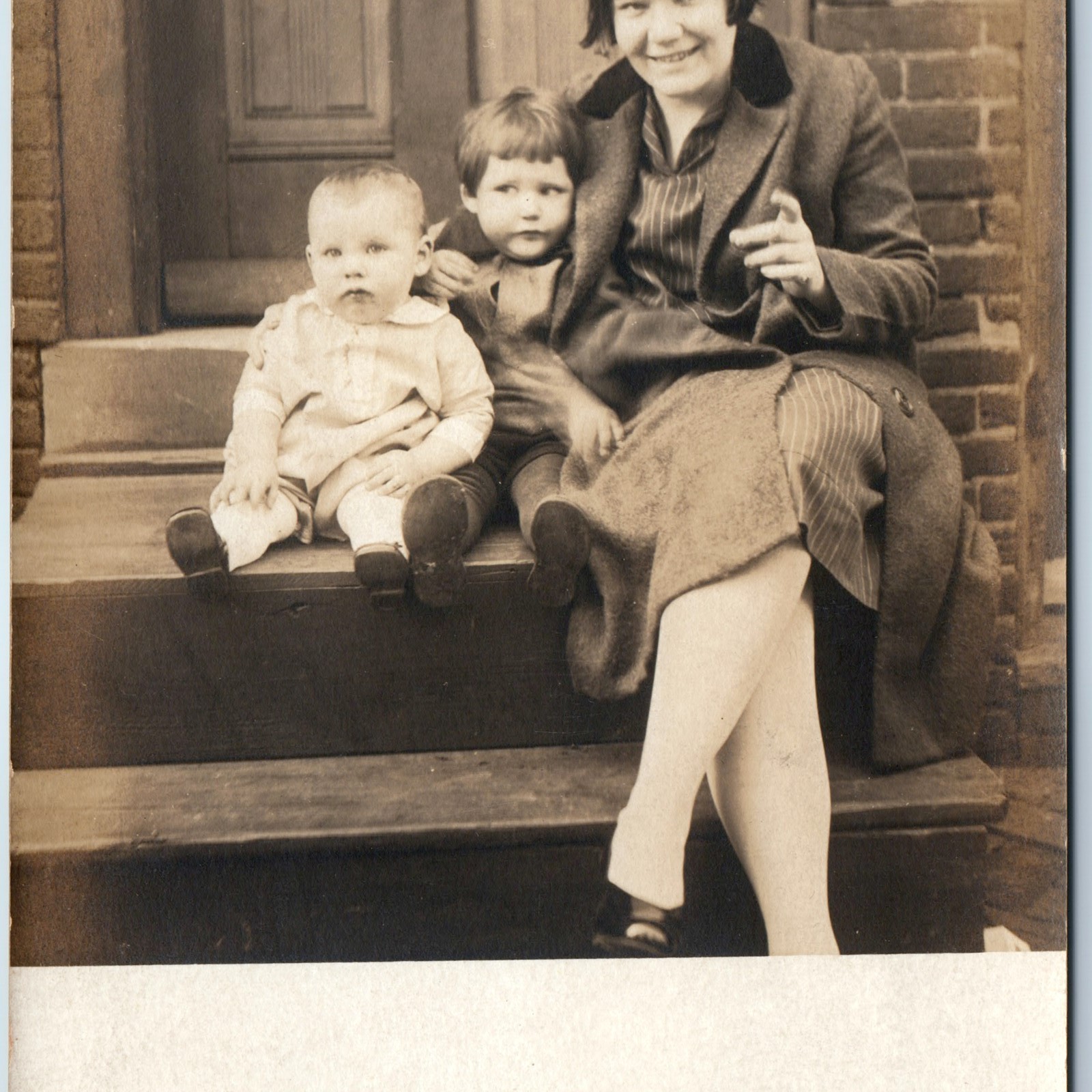 c1920s Smiling Mother w/ Children RPPC Photo Postcard Porch Steps Coat Fashion