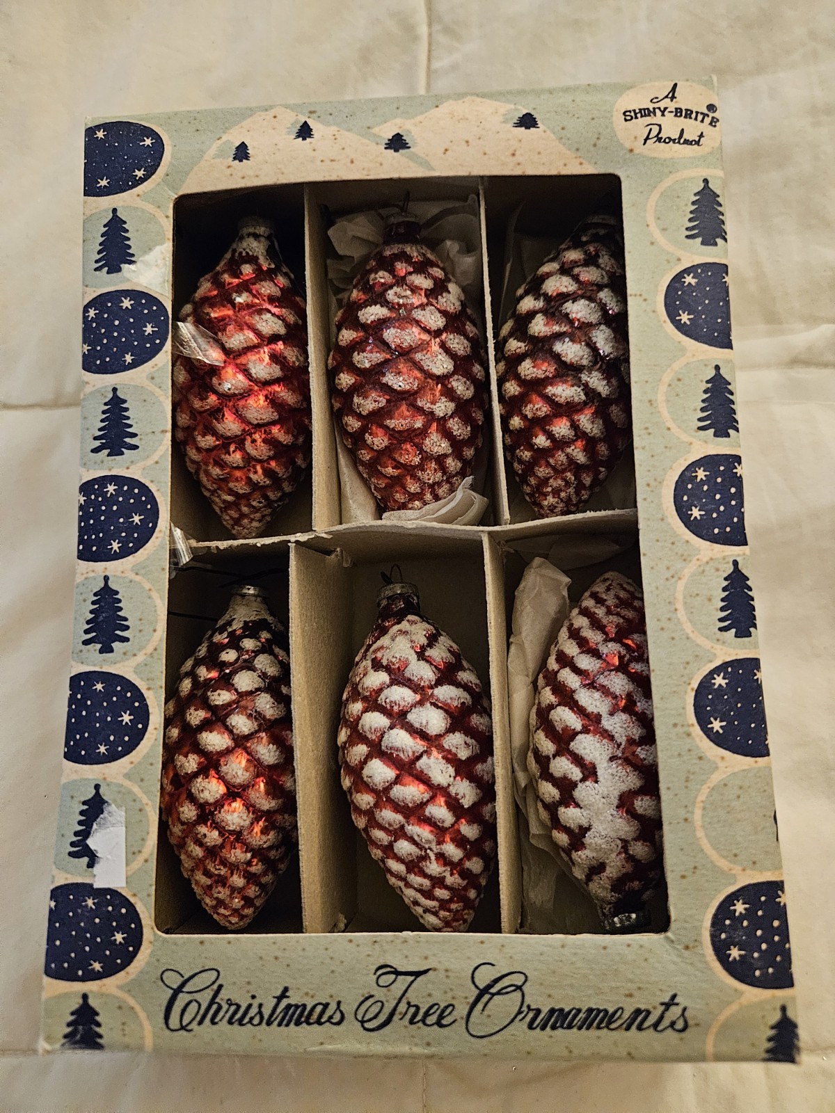 Vintage Shiny Brite Christmas Ornaments Glass Pinecones IOB 1940s #424 RARE Vintage Shiny Brite Christmas Ornaments Glass Pinecones IOB 1940s #424 RARE