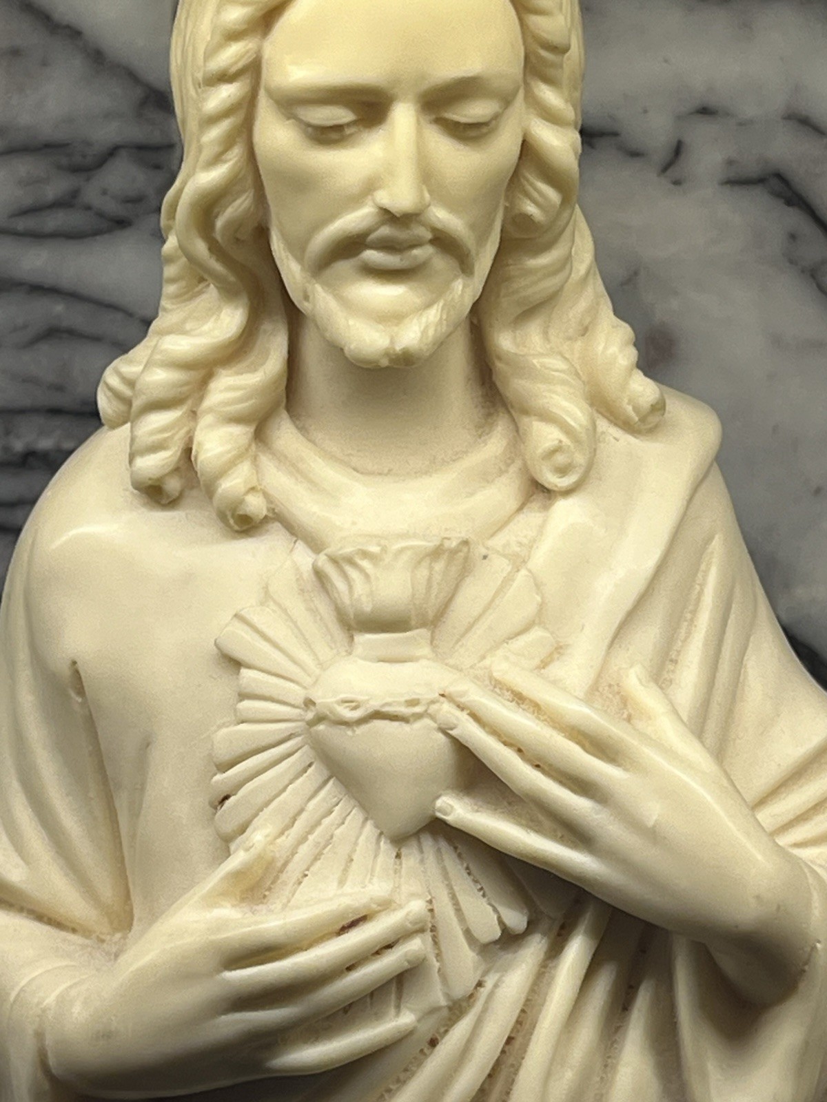 Antique Carved Statue of The Sacred Heart of Jesus, 15.5”H A. Santini Studios
