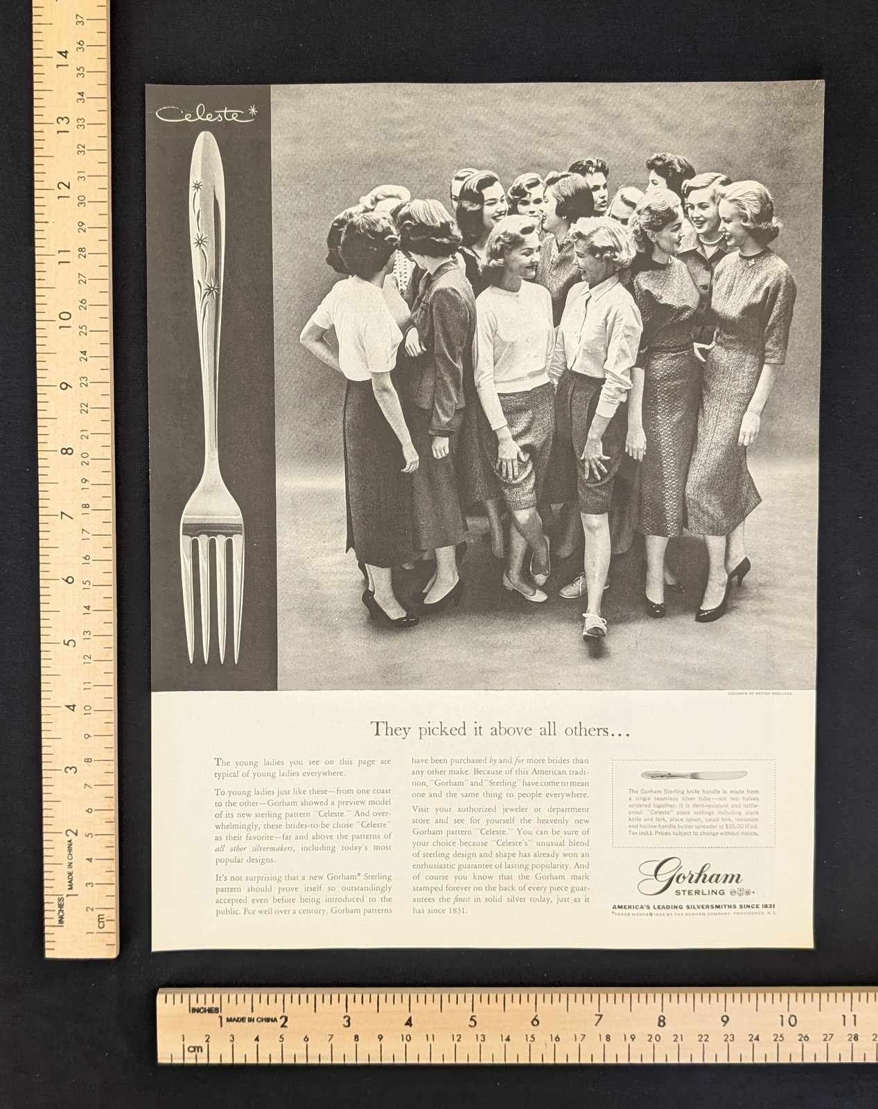 Vintage 1955 Gorham Celeste Sterling Silverware B&W Print Ad Full Page 1950s