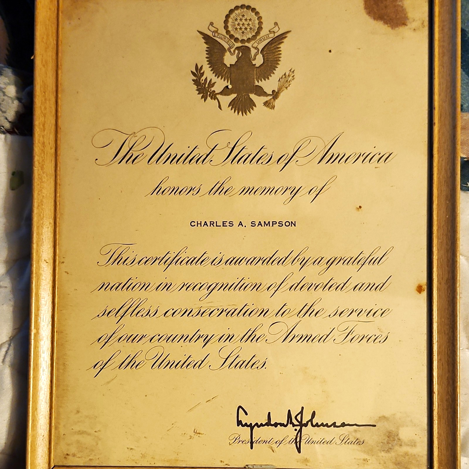 Lyndon B. Johnson Signed Memorial Certificate 1963-69 for Charles A. Sampson