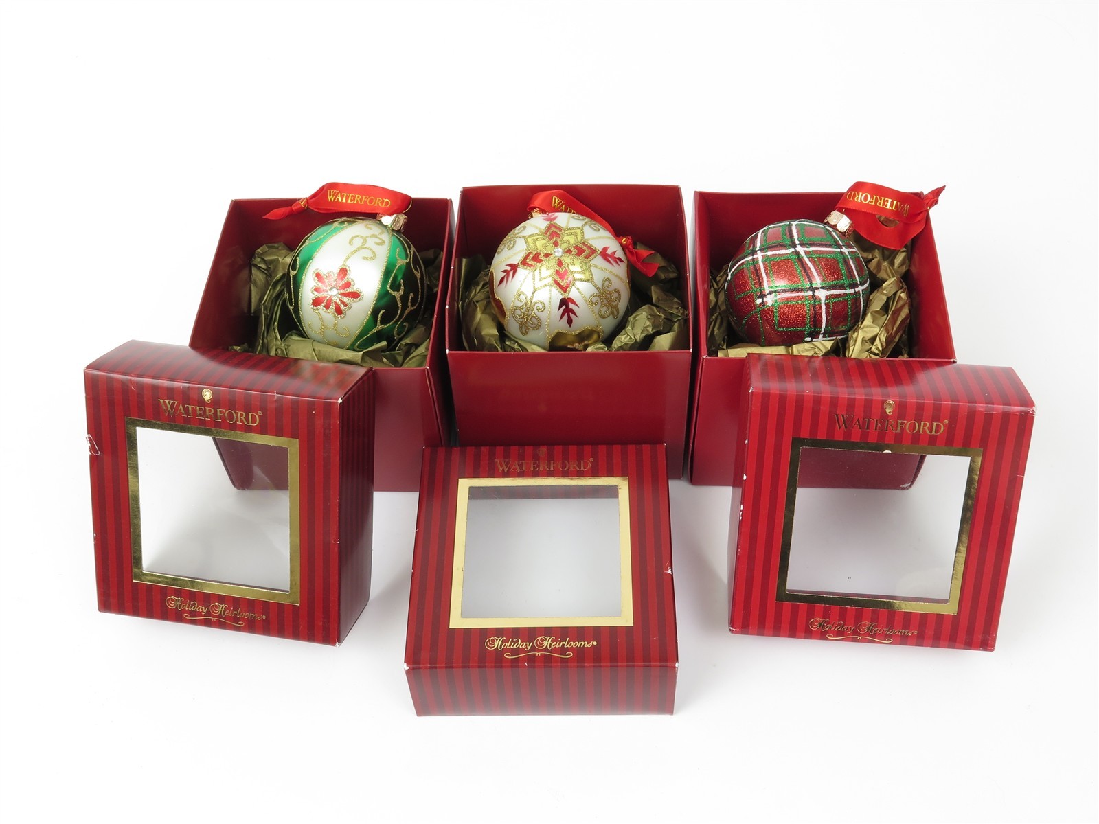 Waterford Holiday Heirloom Christmas Ball Ornaments Plaid Star Swirl Lot of 3