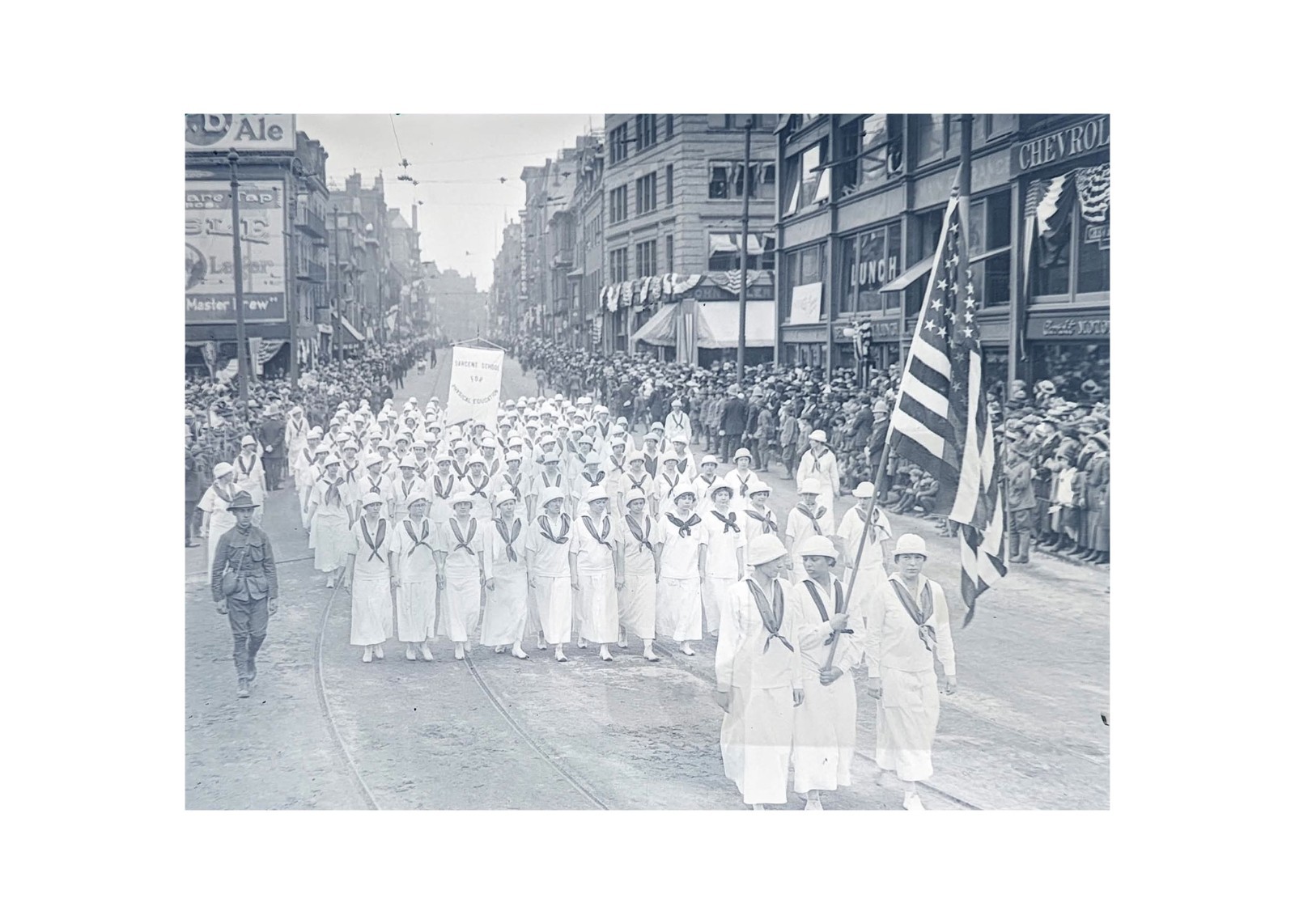 1916 Boston Preparedness Parade Sargent School Girls Flag WWI Glass Negative