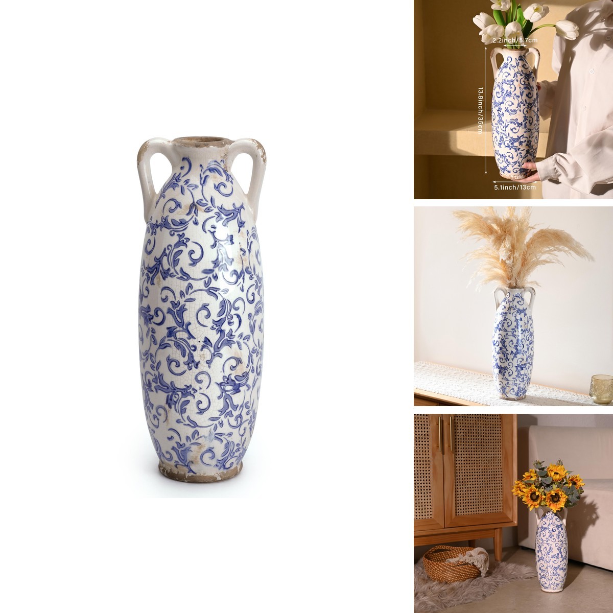VICTOR & TERESA Blue and White 14\'\' Tall Floor Vase for Home Decor VICTOR & TERESA Blue and White 14\'\' Tall Floor Vase for Home Decor