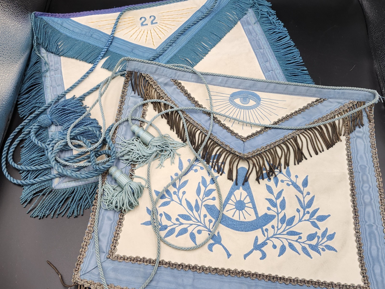 Antique Masonic Apron Pair C. 1919 Freemason Blue Lodge Treasurer & Sr Deacon IA