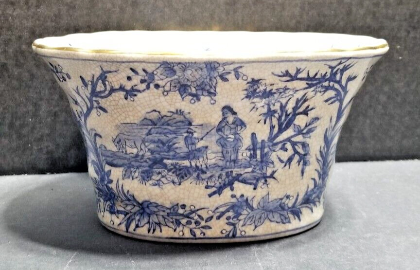 Vintage Bowl Crackle Glaze (Planter, Cachepot Style) Blue-White w/ Gold Trim
