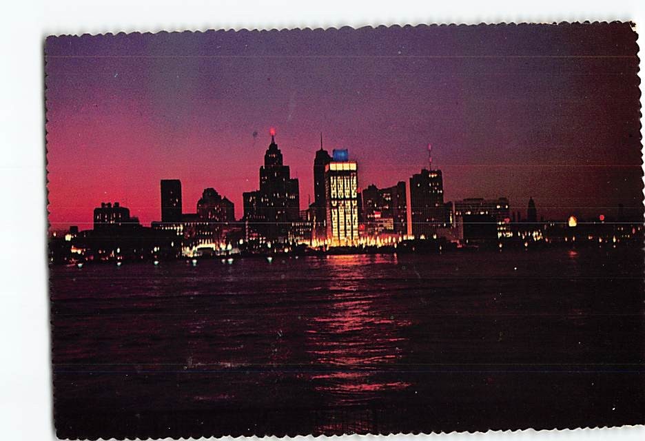 Postcard The impressive Detroit Skyline at night Detroit Michigan USA