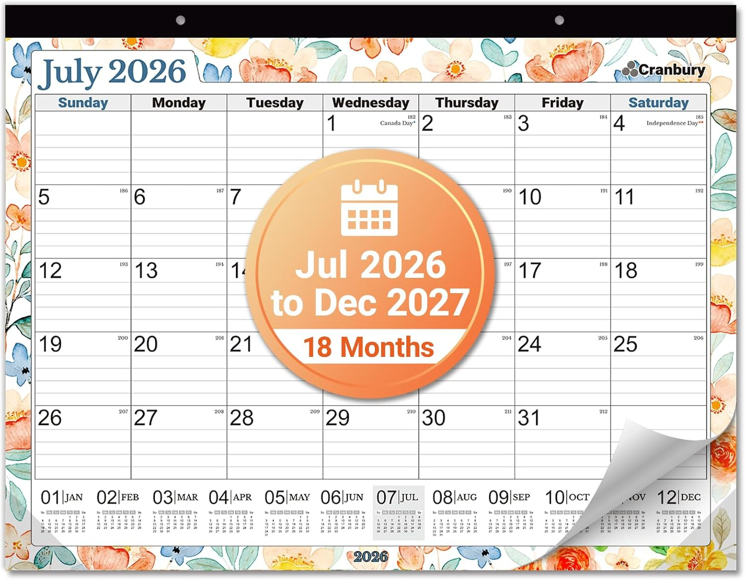 CRANBURY 22X17 Large Desk Academic Calendar 2026-2027, July 2026 to December 202