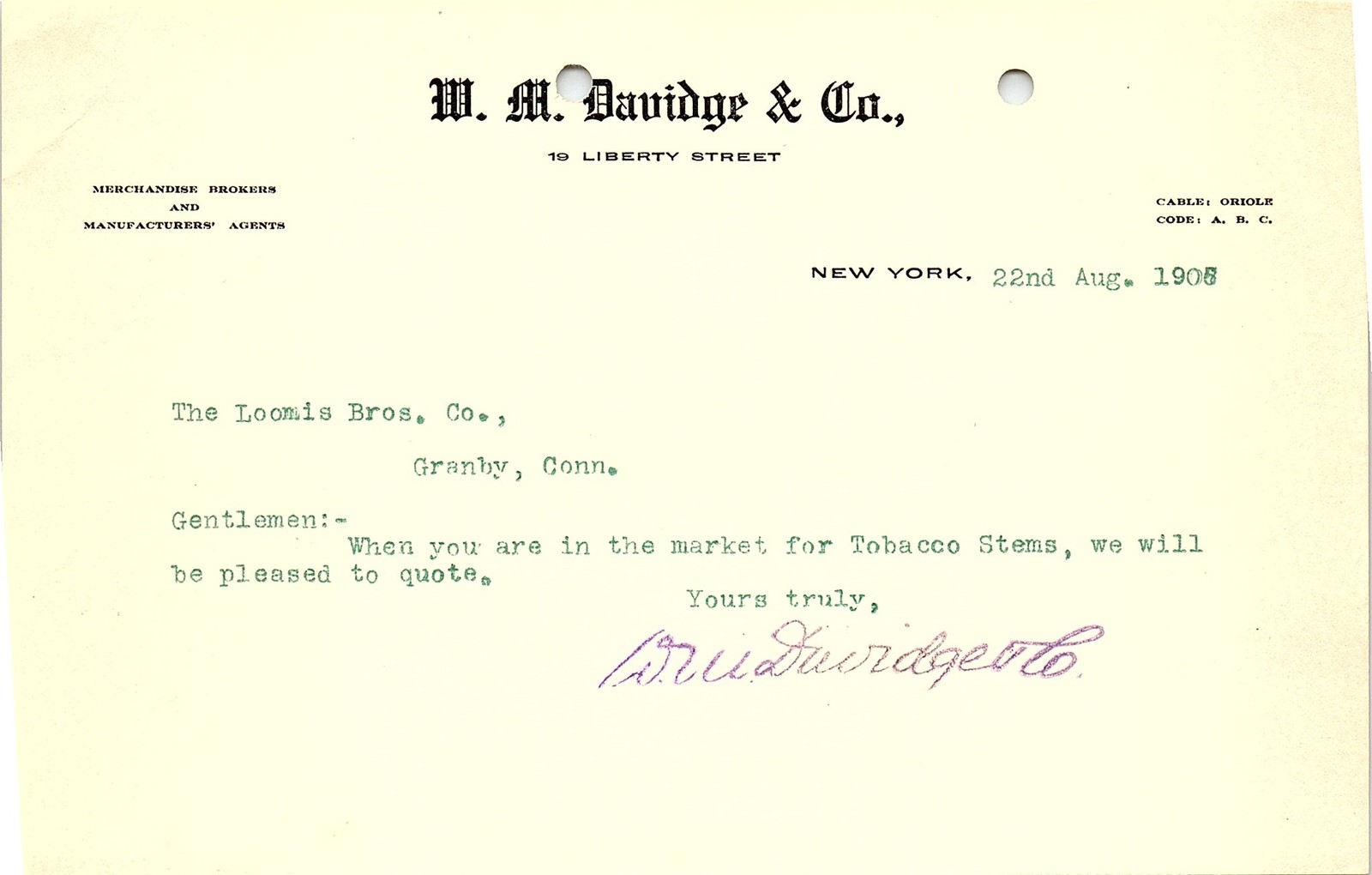 1908 NY W. M. Davidge & Co. Tobacco Stems Business Letter