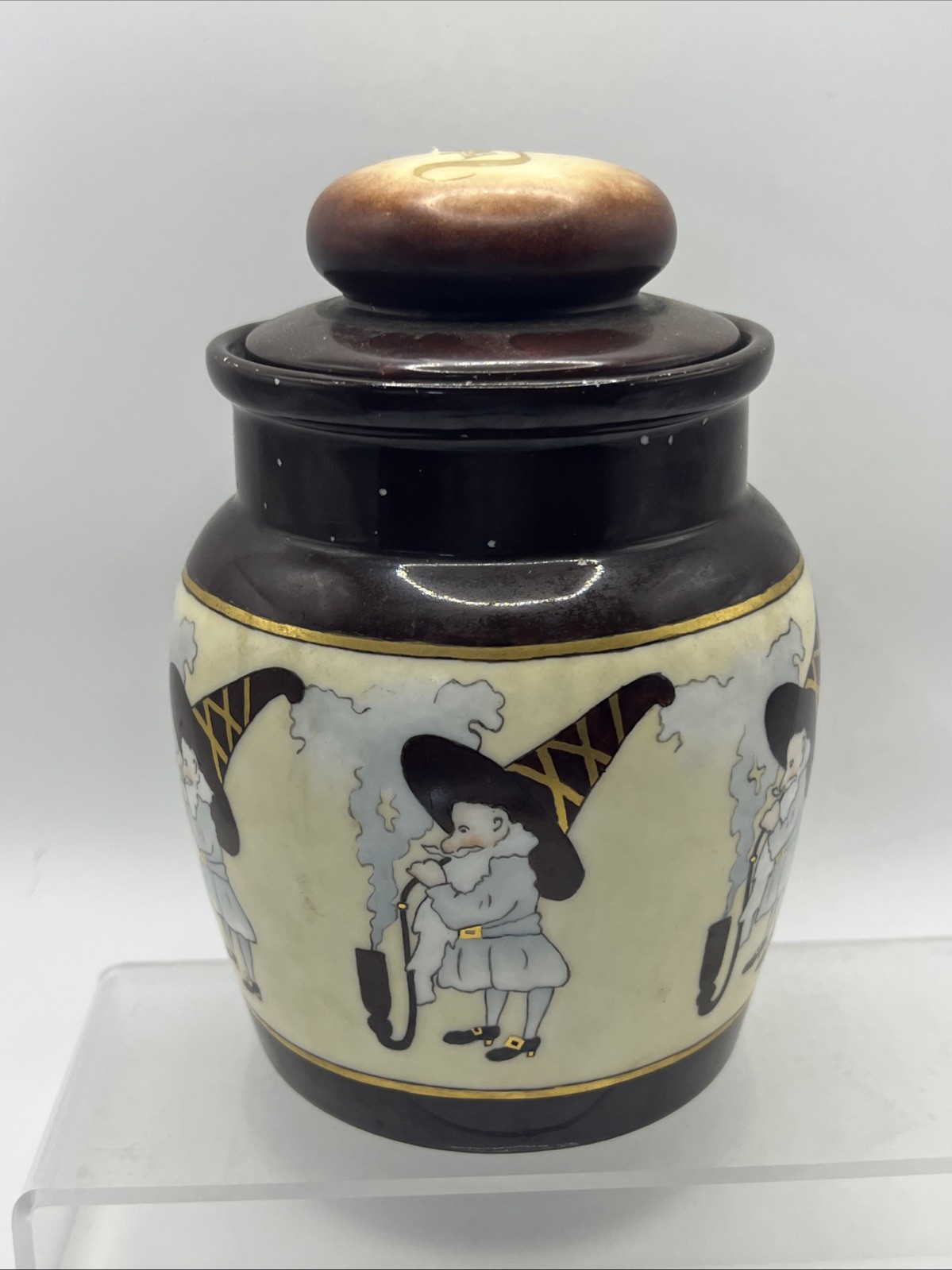 Vtg  RARE MZ Austria Porcelain Humidor Covered Tobacco Jar Smoking Gnome 1800s