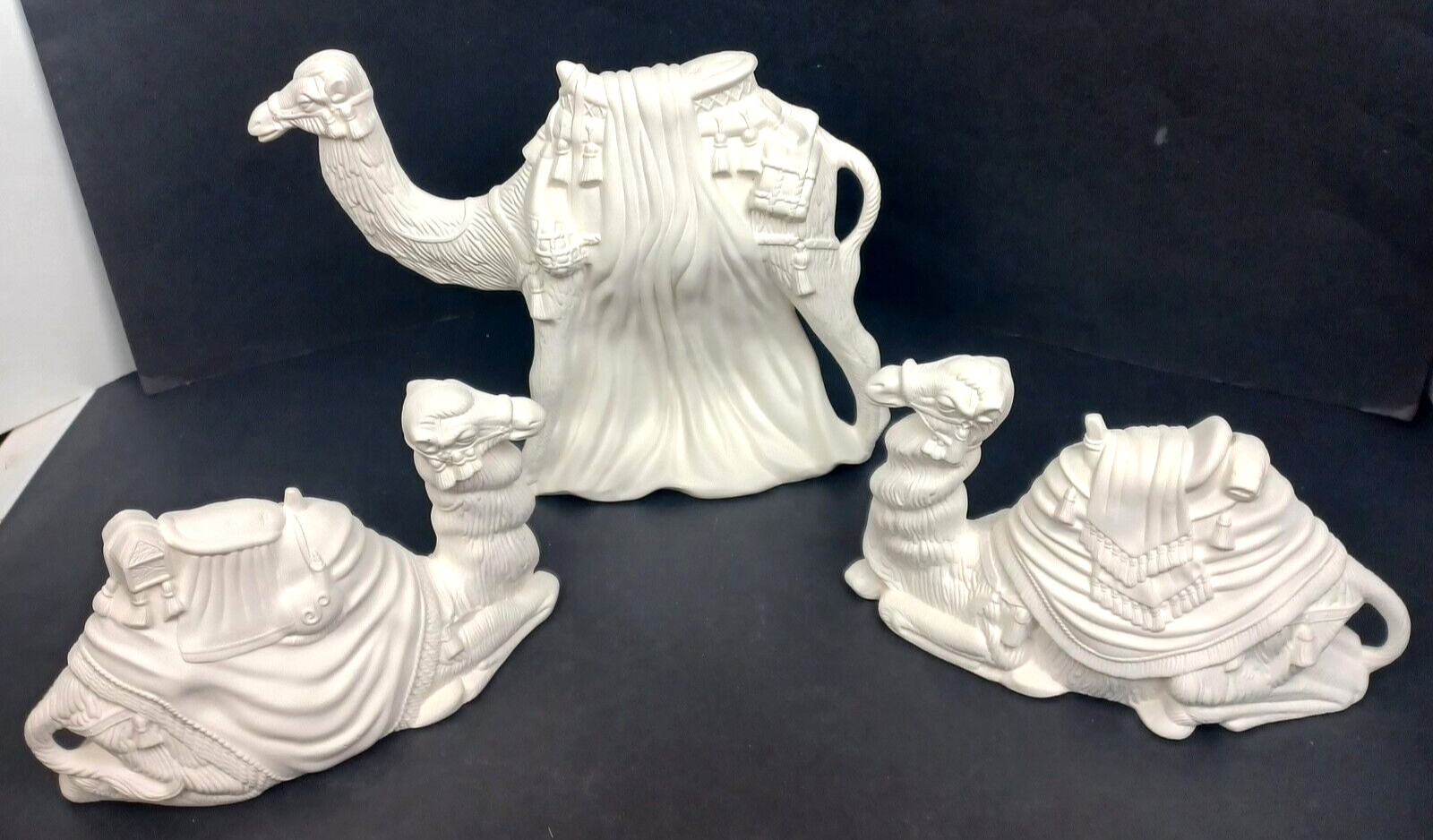 White Unglazed Ceramic Nativity Standing & Lying Down Camels Figures Set of 3