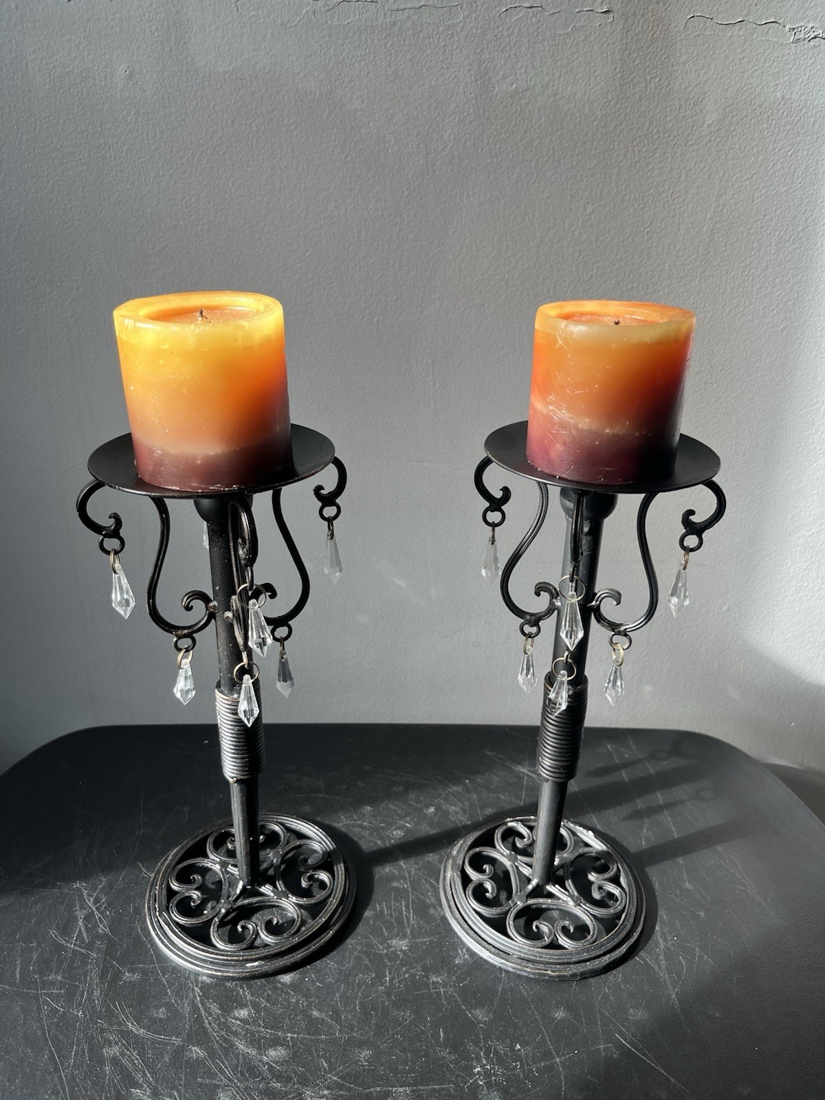 2 Medieval Ornate Style Metal Pillar Candle Holders w/Hanging Crystal Prisms 18” 2 Medieval Ornate Style Metal Pillar Candle Holders w/Hanging Crystal Prisms 18”
