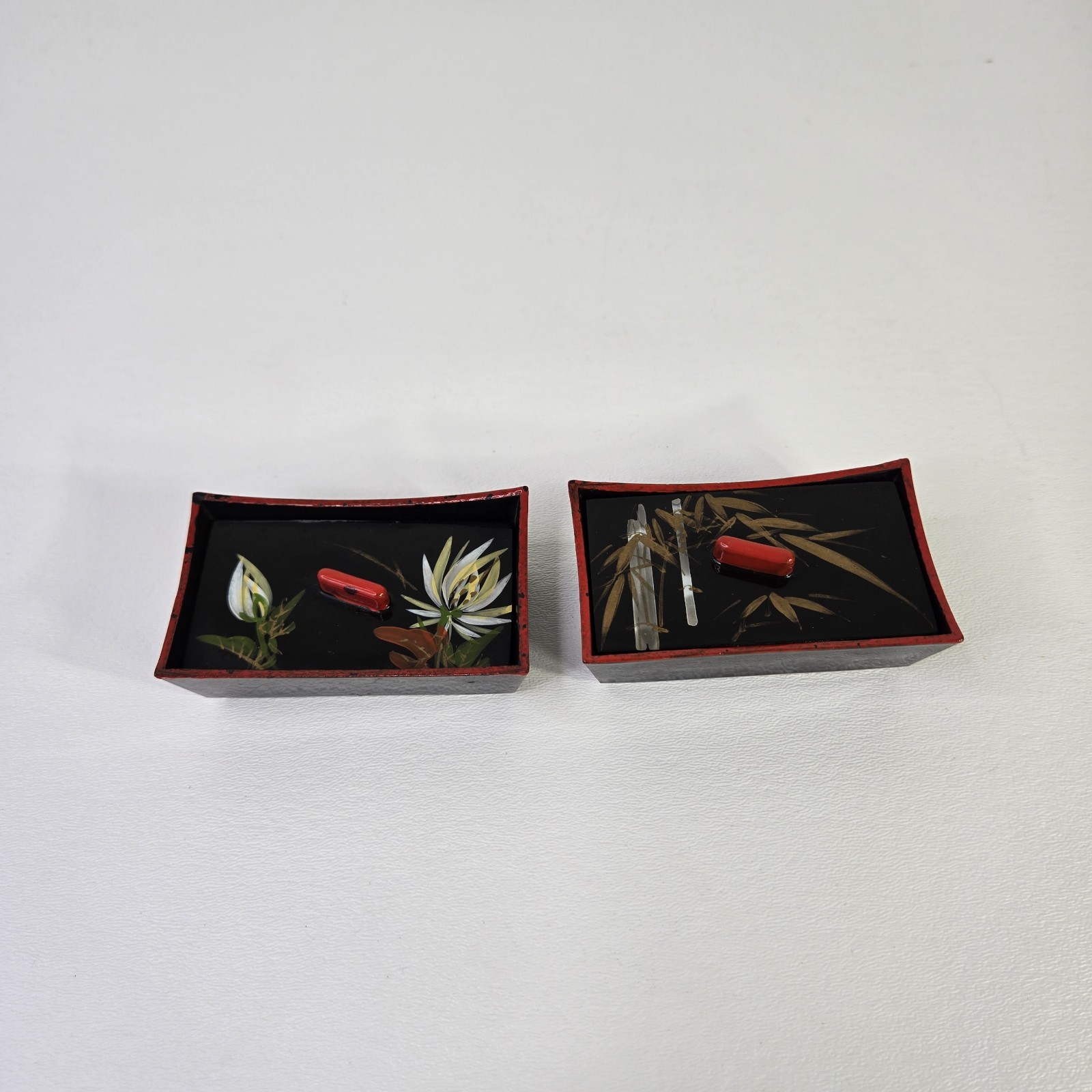 Vtg Japanese Lacquerware Box Set Urushi Maki-e Floral Bamboo Black Red Hand Pain Vtg Japanese Lacquerware Box Set Urushi Maki-e Floral Bamboo Black Red Hand Pain