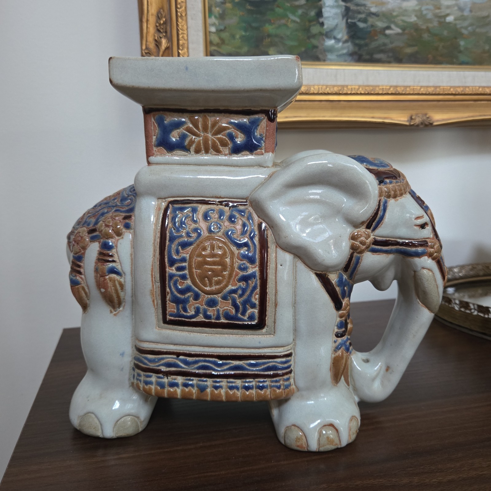 Vtg Ceramic Asian Elephant Plant Stand Stool Hand Painted Hollywood Regency 9