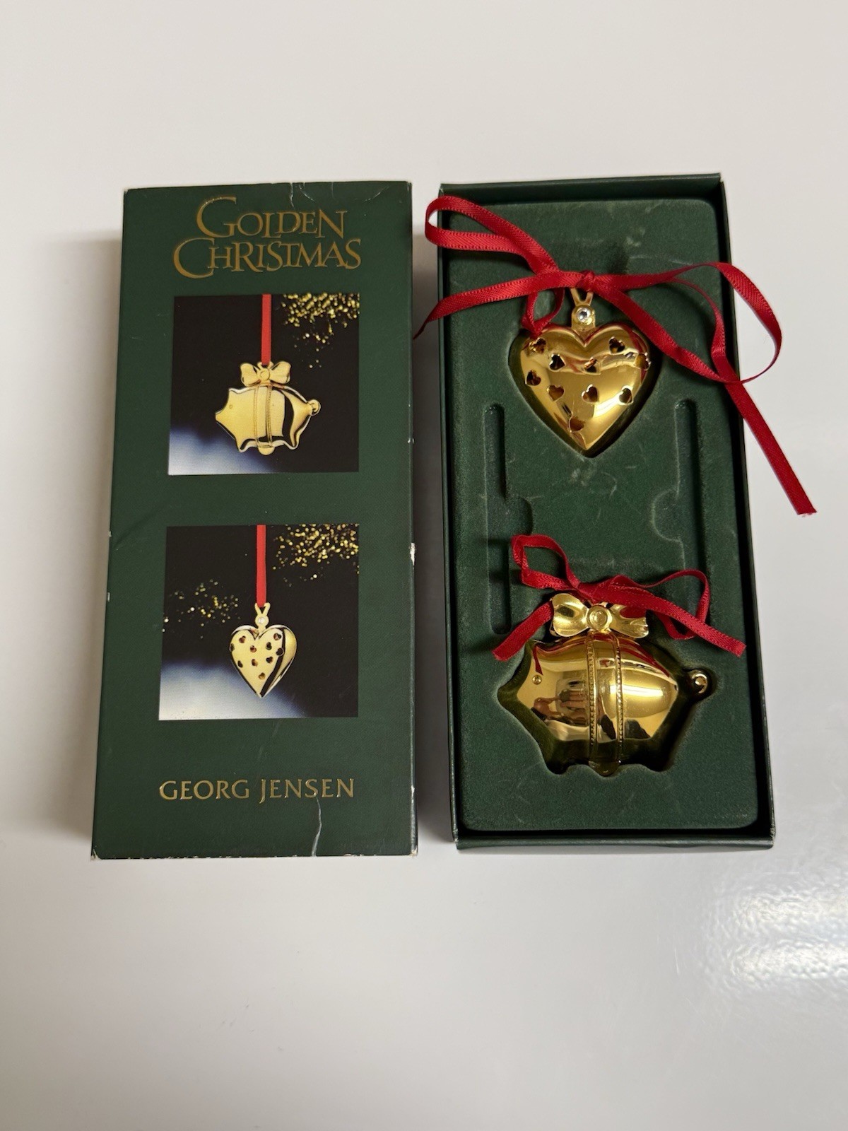 Georg Jensen 2003 Christmas Pig And Heart Ornament Set 24k Gold Plated