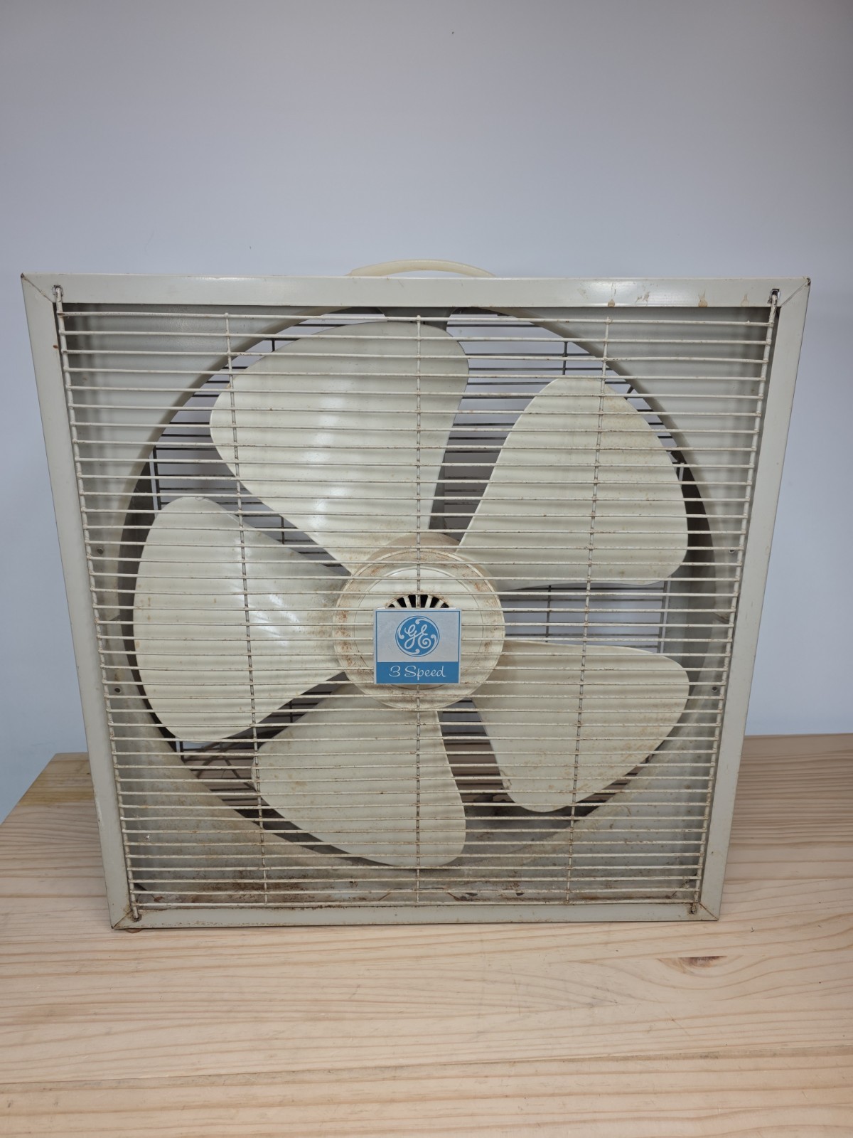 Vtg 1960s GE Gray Beige Metal Box Fan General Electric 3 Speed 5 Blade WORKING 