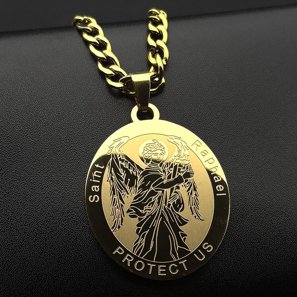 Gold Saint Raphael Protect Us Medal Necklace - Stainless Steel Christian Gift