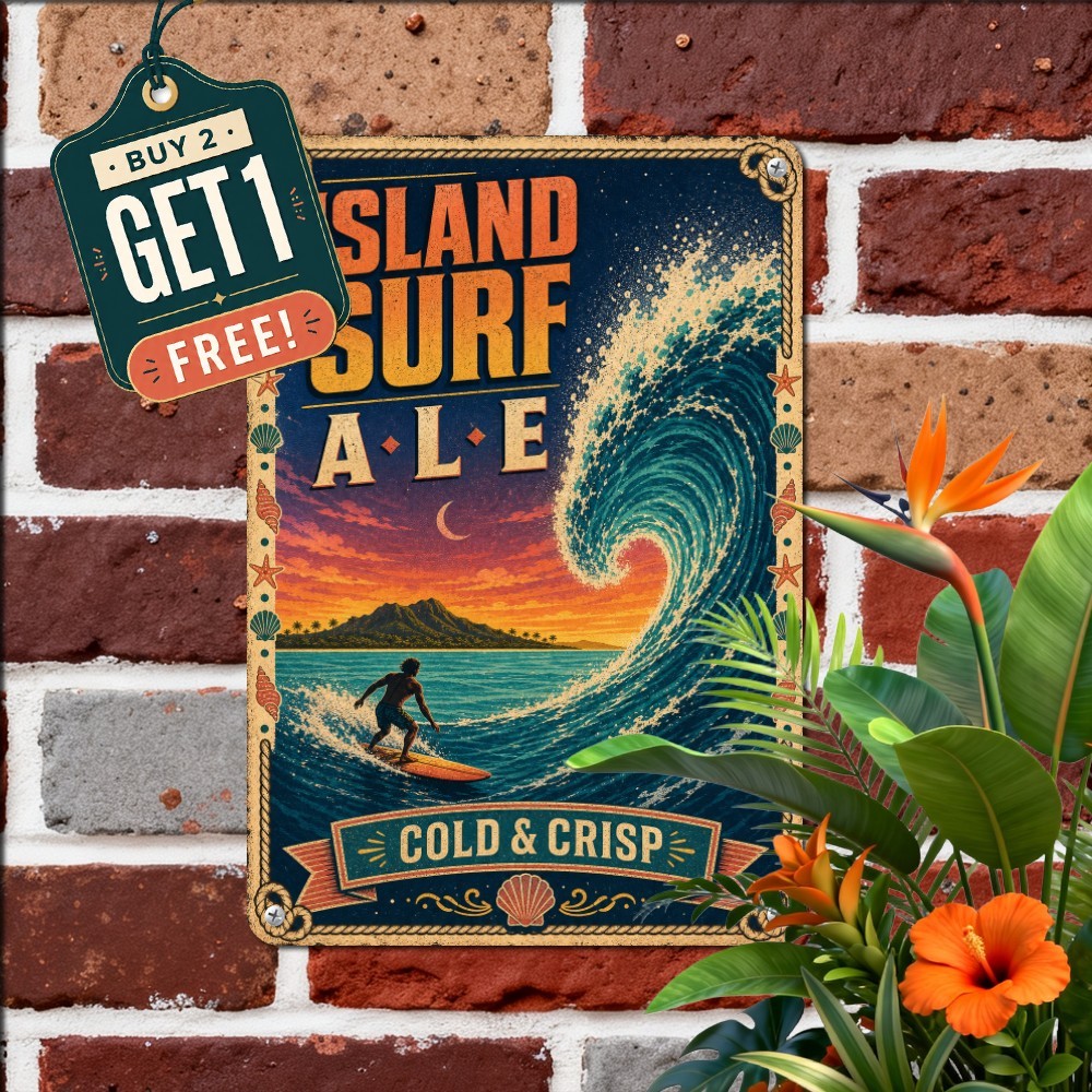 Island Surfing Beach Brew Tin Sign Retro Tropical Bar Metal Plaque 8x12