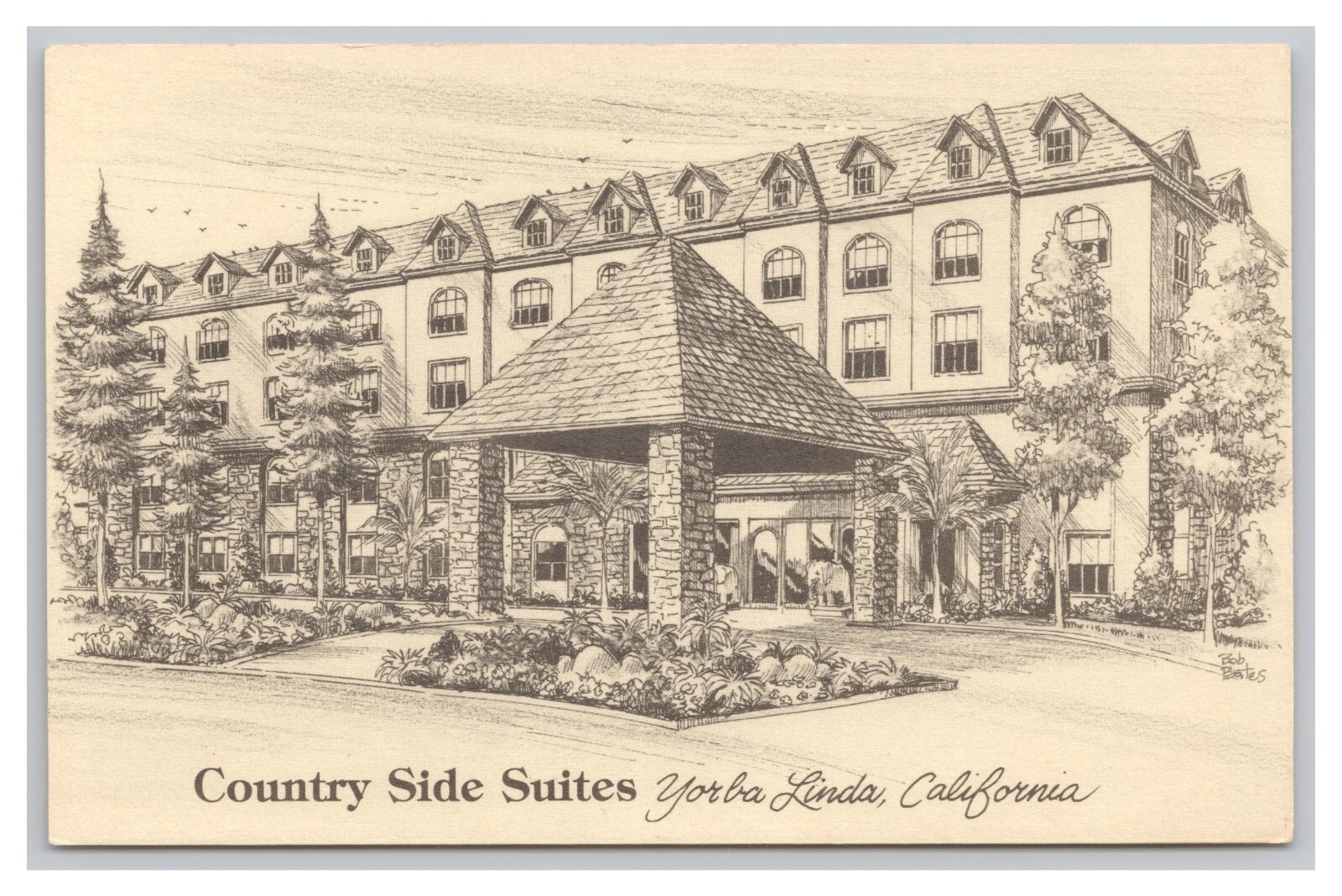 Yorba Linda CA Country Side Suites Hotel Ink Drawing c1970 Advertising Postcard Yorba Linda CA Country Side Suites Hotel Ink Drawing c1970 Advertising Postcard