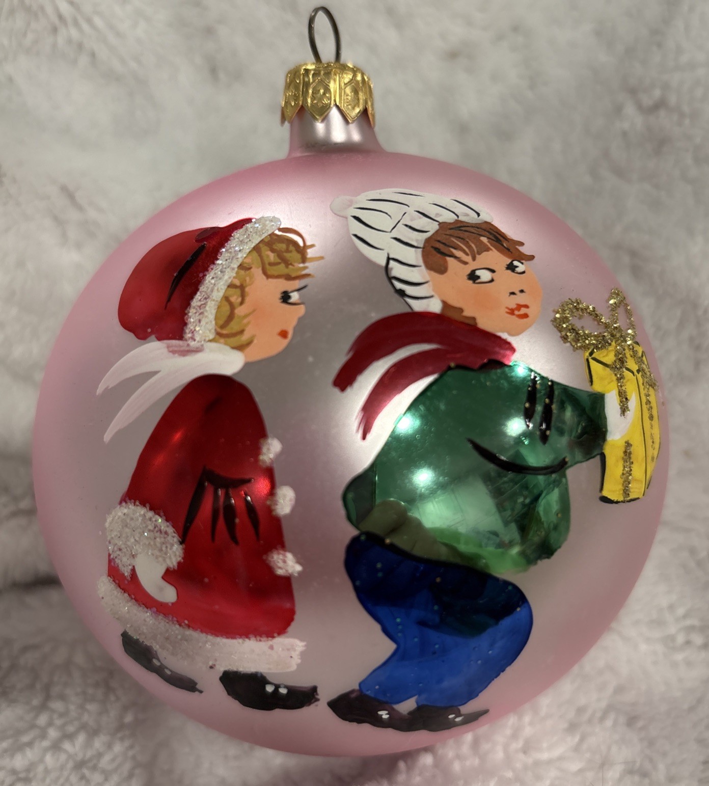 VINTAGE JUMBO BLOWN GLASS MERRY CHRISTMAS ORNAMENT POLAND  children w/ gift