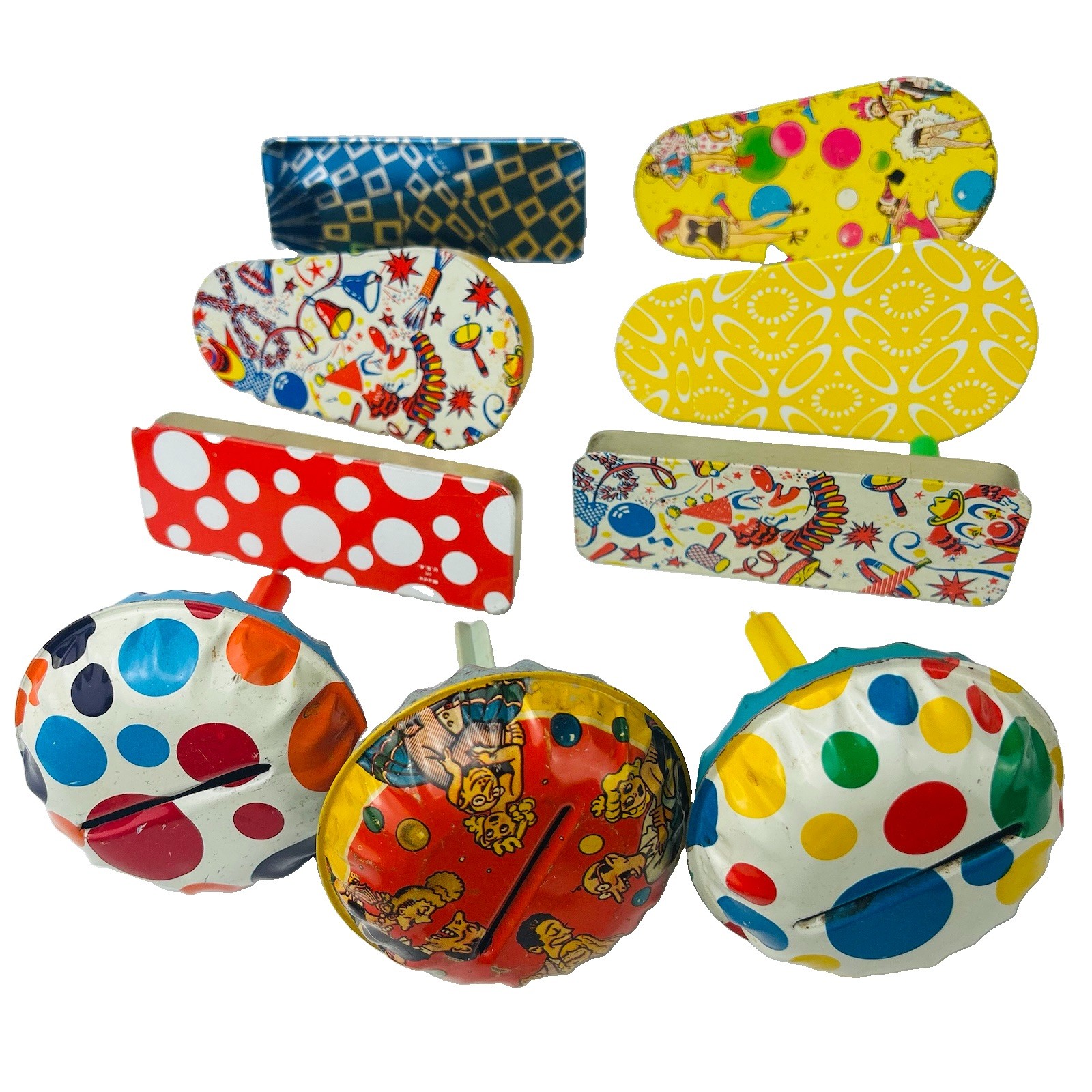 Lot Of 9 Vintage Tin Litho Noisemakers Circus Clown polkadot