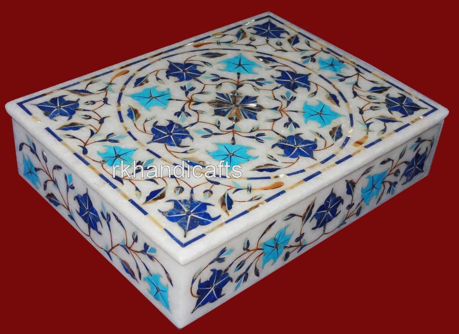8x6 Inches White Marble Jewelry Box Pietra Dura Art Medicine Box with Royal Look