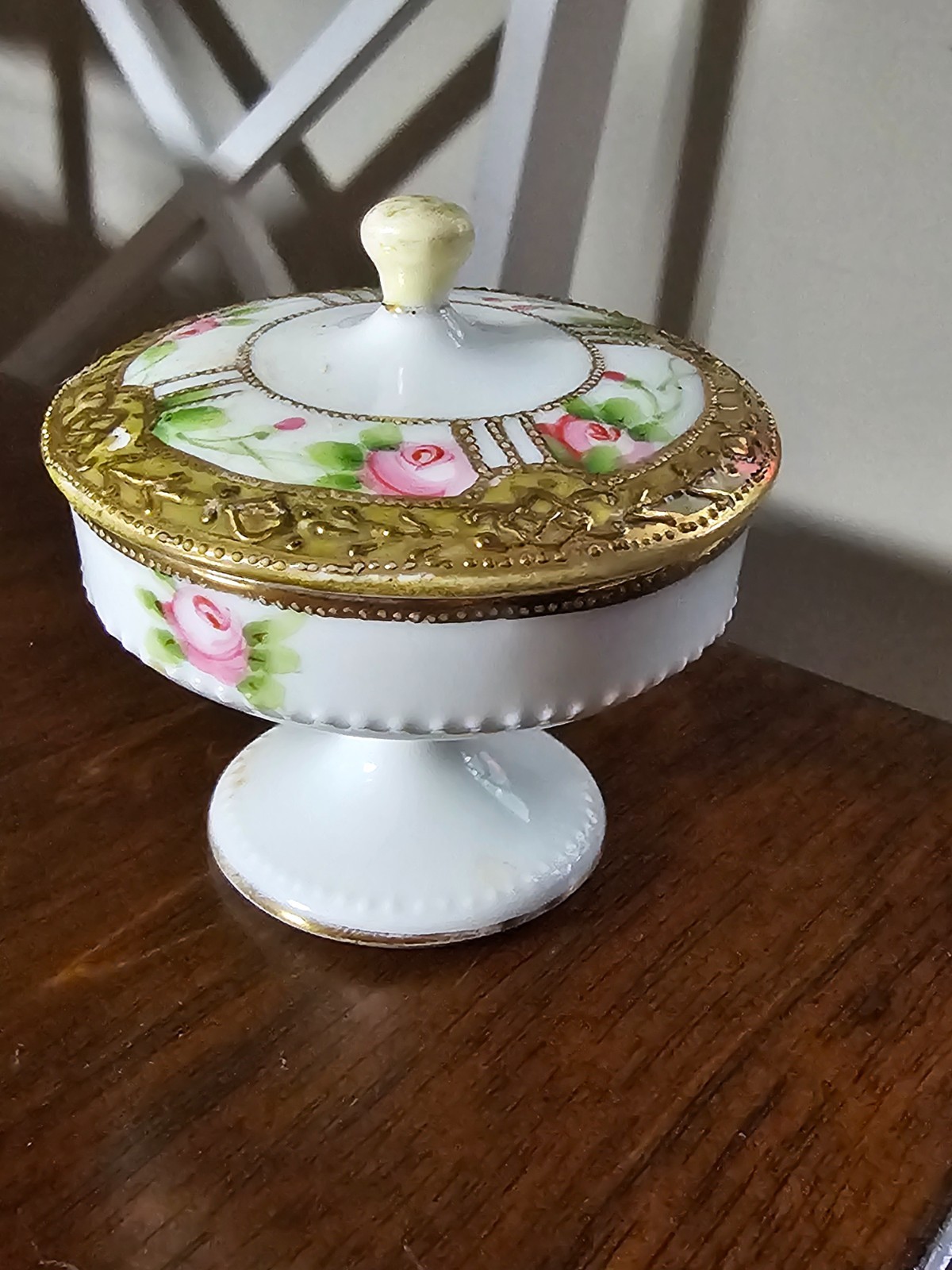 Antique Nippon Hand Painted Porcelain Pedestal Trinket Box Blue Floral Gold Gilt Antique Nippon Hand Painted Porcelain Pedestal Trinket Box Blue Floral Gold Gilt