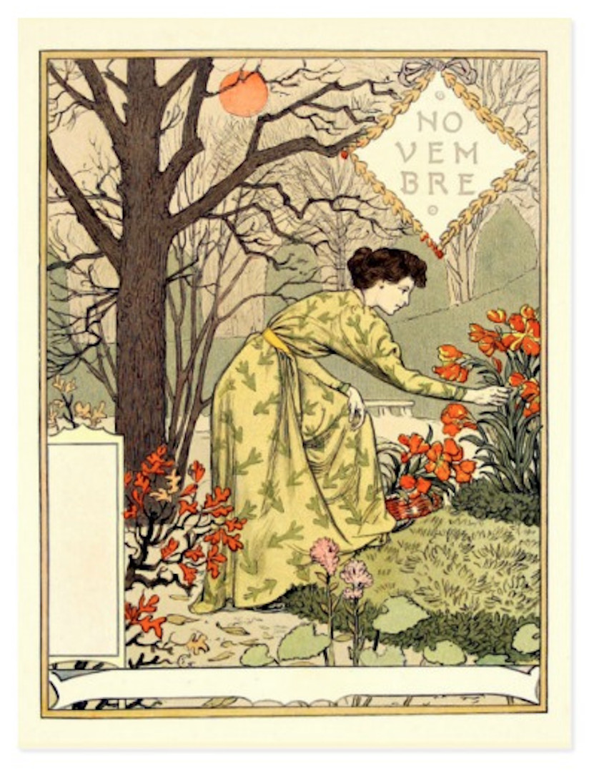 Postcard: Nouveau Print Repro - E. Grasset - November - Woman in Winter Garden