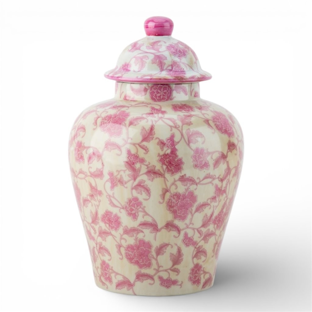 PINK Peony floral porcelain covered ginger jar