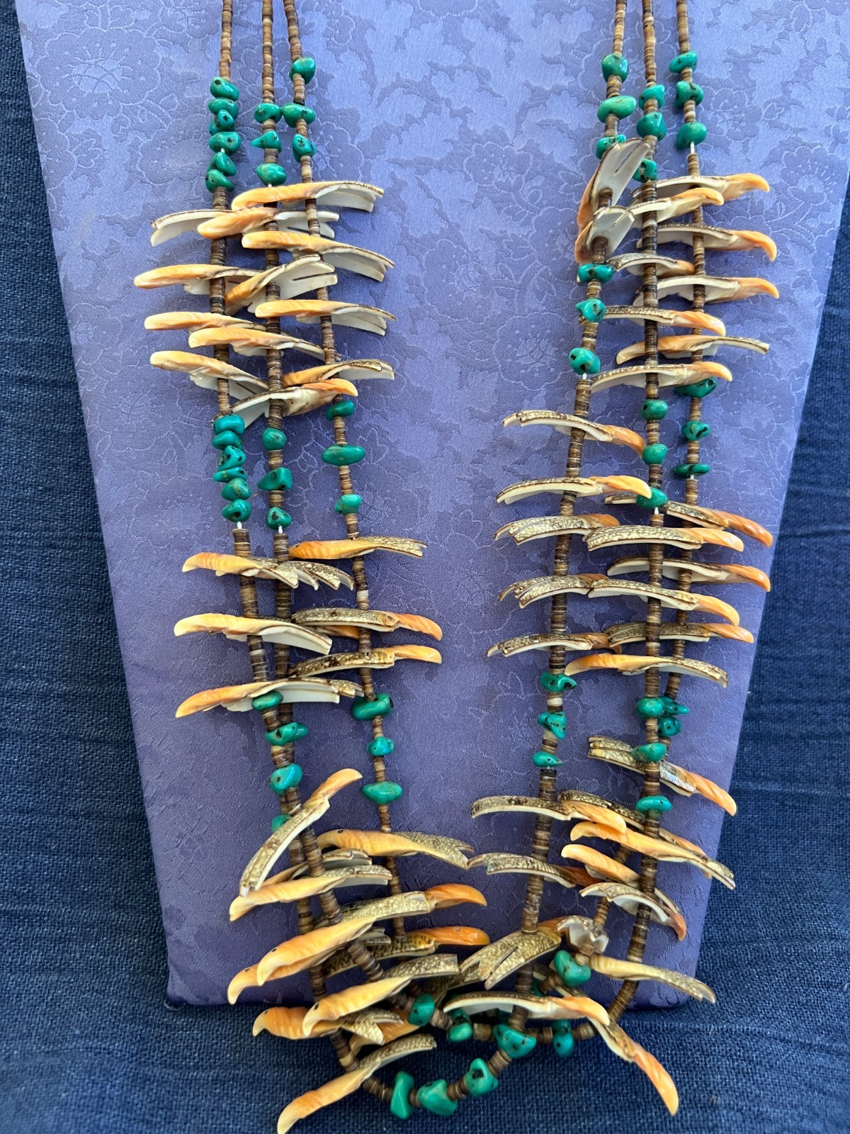 Native American 3 Strand Carved Shell Bird Fetish Turquoise Necklace