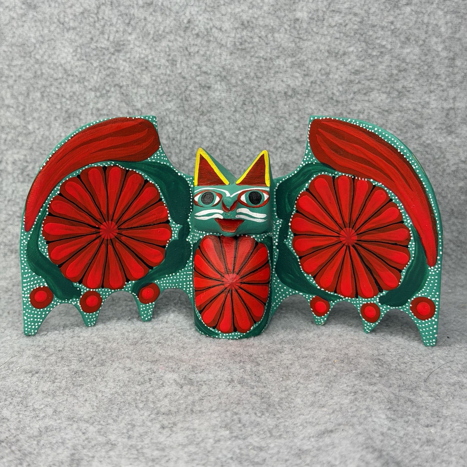BAT Wood Carving Mexican Folk Art Alebrije Oaxaca Mexico Figurine Red Green